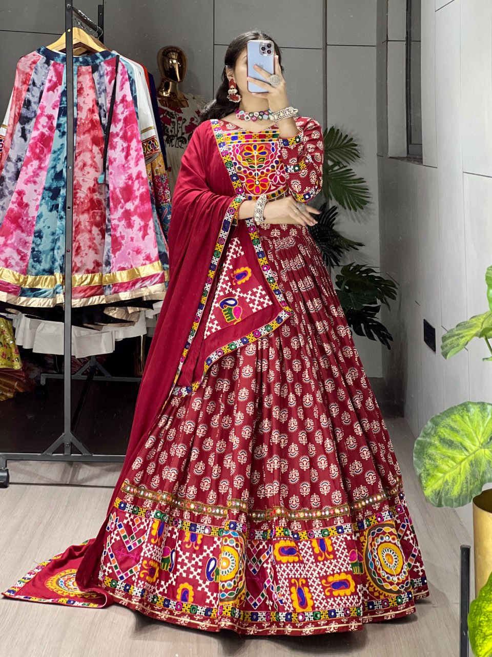 Maroon Ajrakh Print Rayon Cotton Mirror Work Lehenga Choli