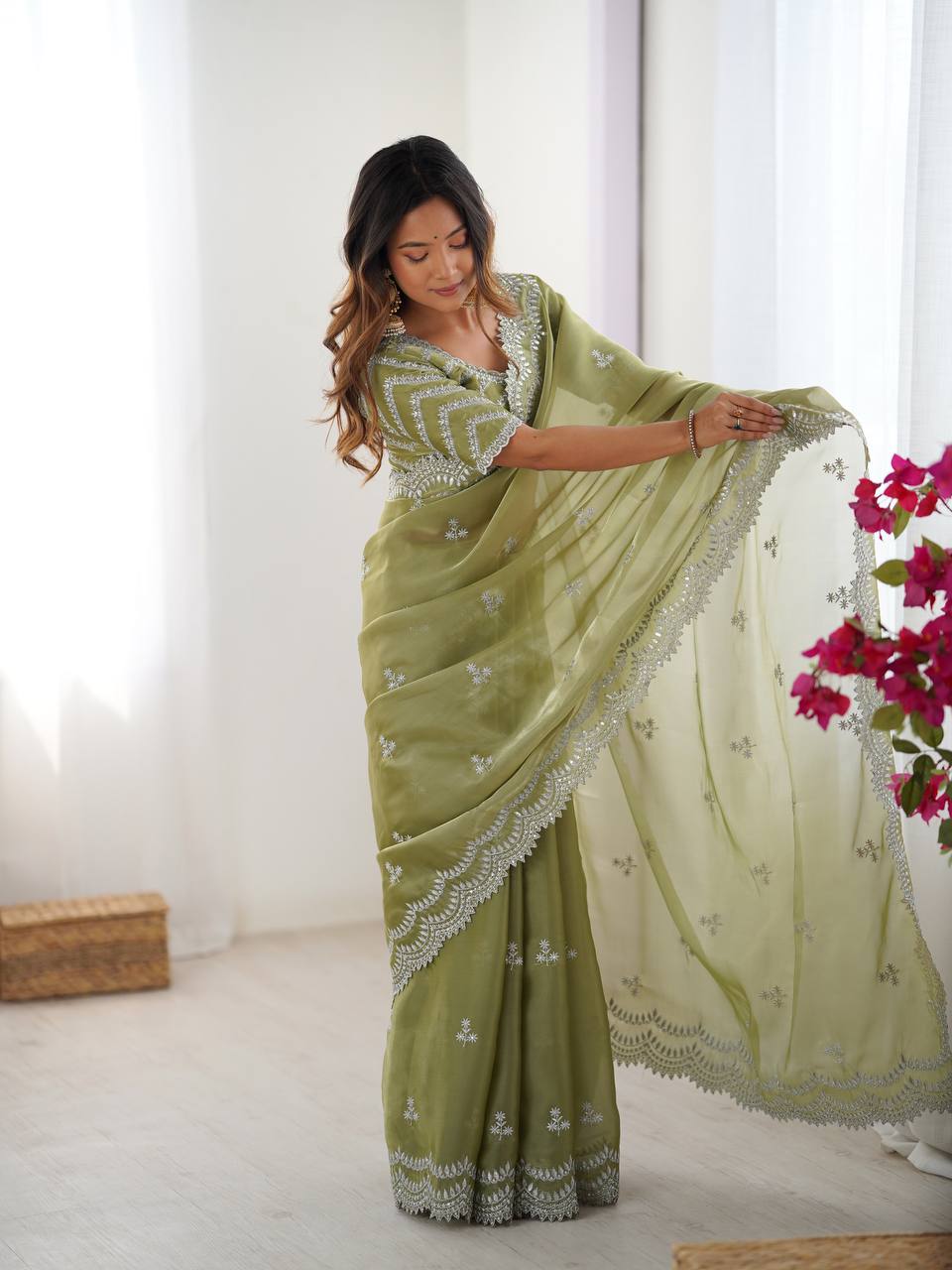 Vikatya pista green Jimmy Choo fabric saree with sequin-thread embroidery & unstitched blouse—perfect for weddings, festivals & party wear.