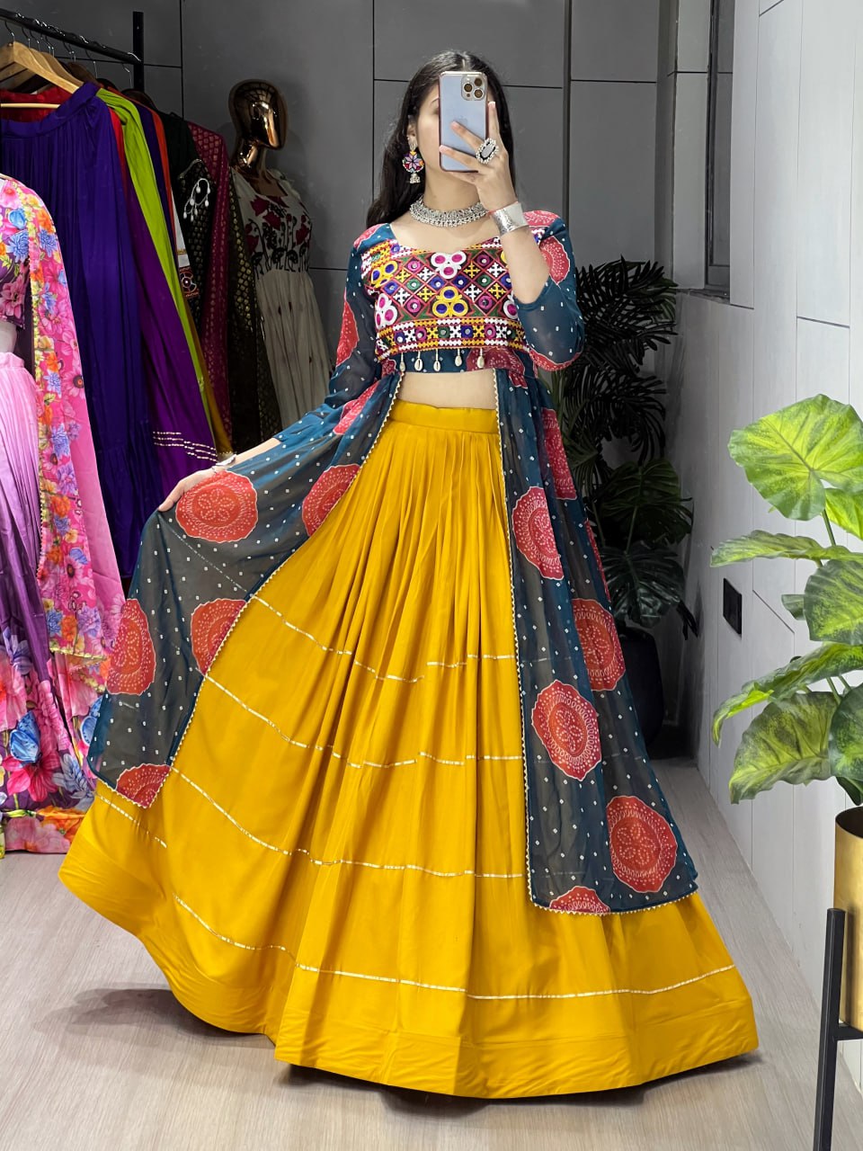 Mustard Yellow Rayon Bandhani Print Gota Patti Work Faux Georgette Kurti Lehenga