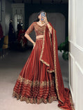 Rust orange silk lehenga choli with sequins thread embroidery
