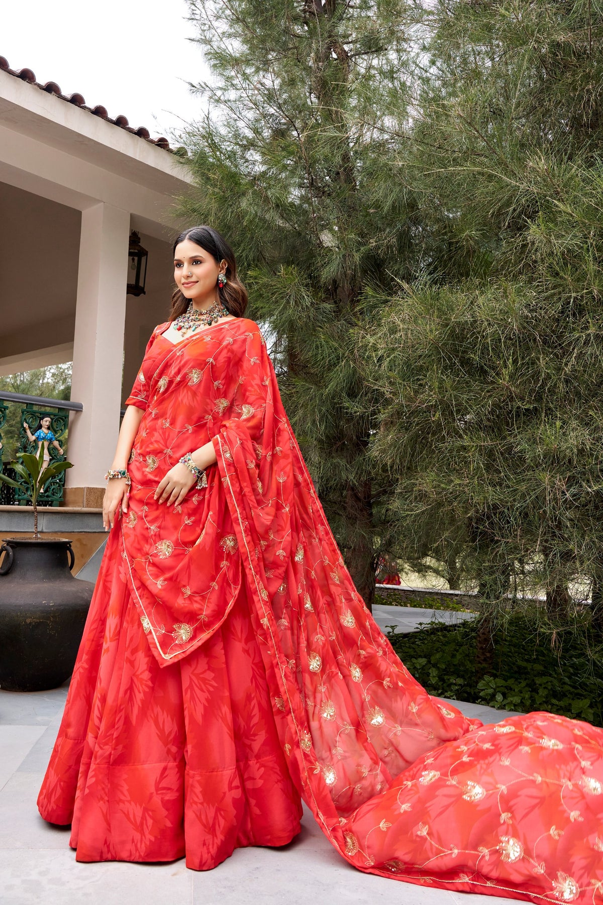 Trisha Red Georgette Sequins Embroidered Lehenga