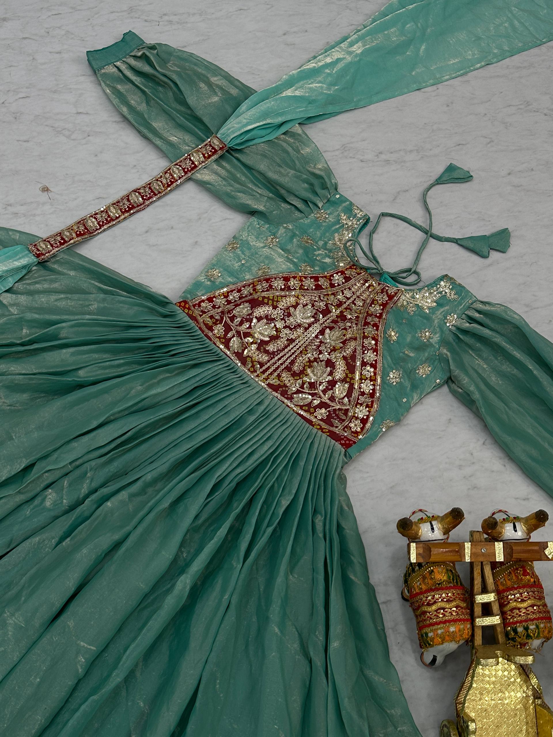 Ritu Sea Green Fendy Silk Sequins Thread Embroidery Work Gown with Dupatta