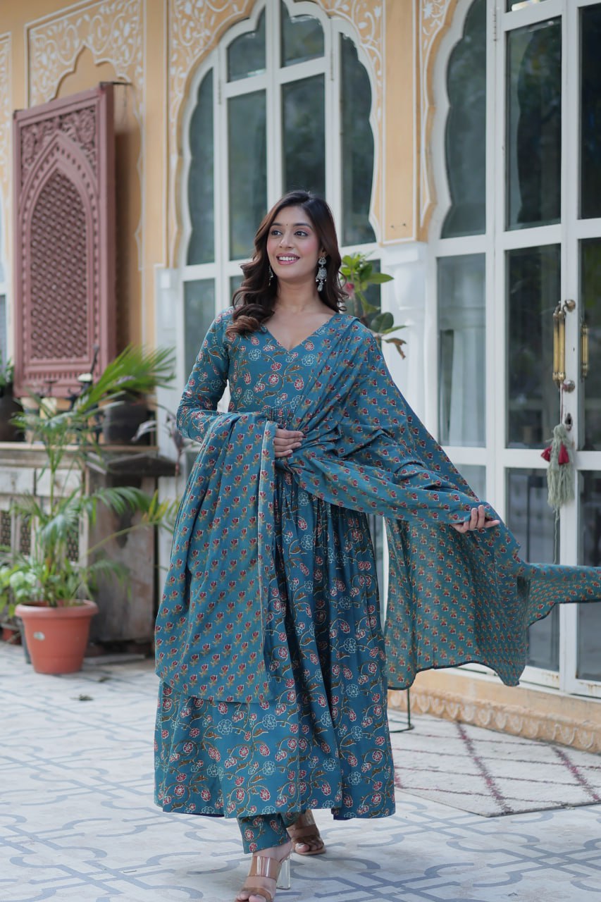Blue pure cotton Anarkali suit set for women with soft dupatta, lightweight ethnic outfit featuring traditional block prints, flared kurta with matching pants, ideal for summer functions, daily Indian wear, office outfits, and casual ethnic fashion in breathable cotton fabric.