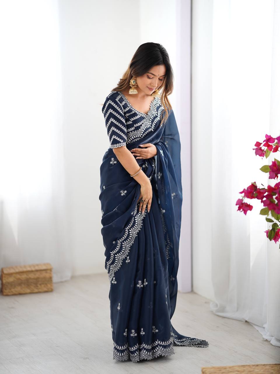Navy blue Jimmy Choo fabric saree with thread & sequin embroidery, matching blouse—perfect for weddings, parties & festive occasions.
