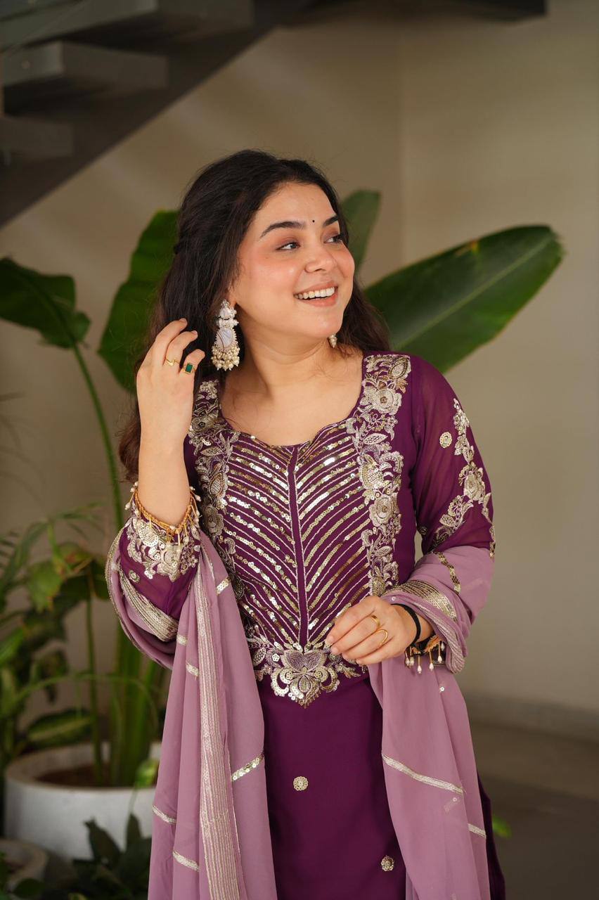 Purple Color Fox Georgette Embroidered Heavy Sequence Work Kurti Palazzo Set