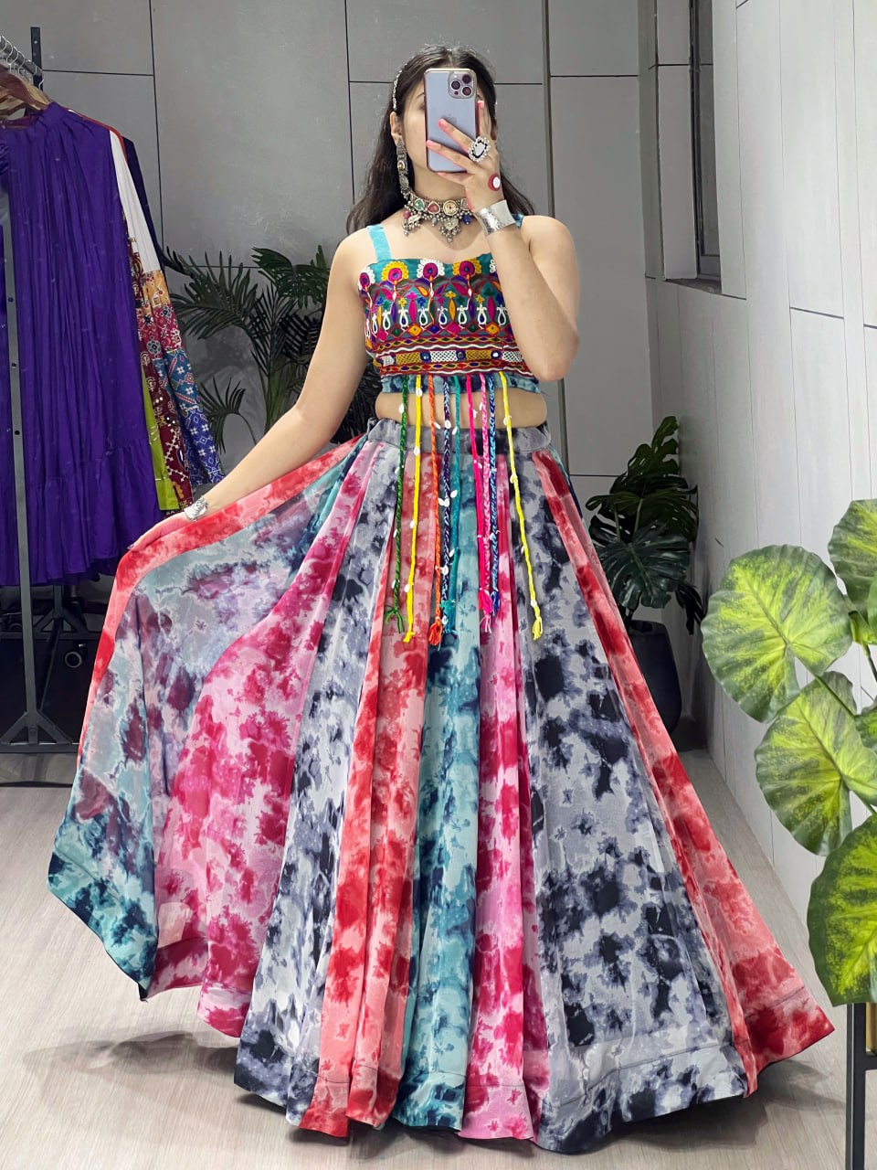 Multicolor Shibori Print Kutchi Work Georgette Fancy Top Lehenga