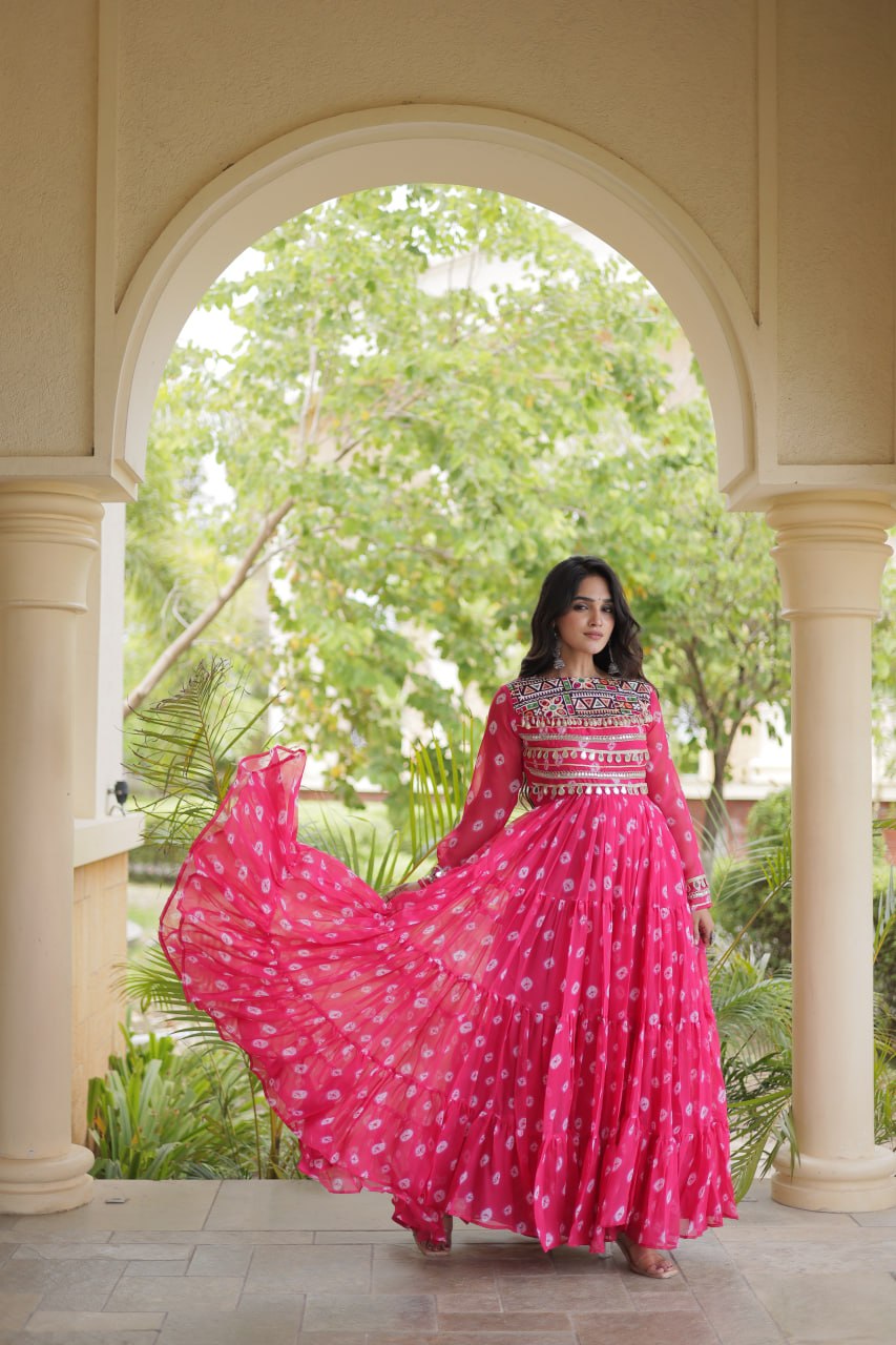Lavanya Pink Faux Georgette Bandhani Kutchi Patchwork Gown