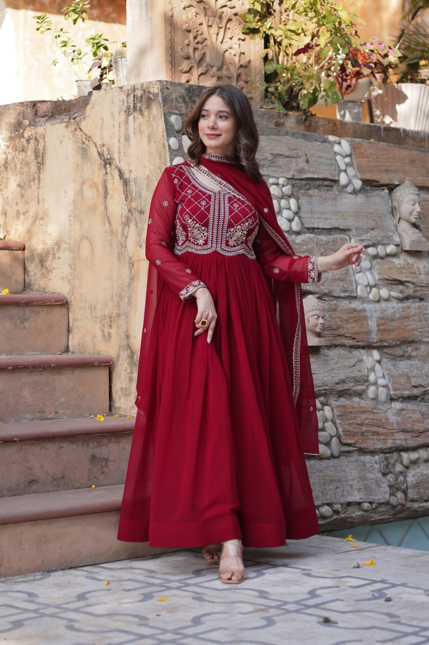 Chamvika Maroon Embroidered Gown Set with Dupatta – long gown for women, party wear gown for wedding, Indian gown for women, maroon gown for engagement, full sleeve ethnic gown, designer gown with dupatta, sequin gown for festival, traditional wear for women, Indo western gown online, stylish Indian dress for sangeet function, ready-to-wear ethnic gown for women.