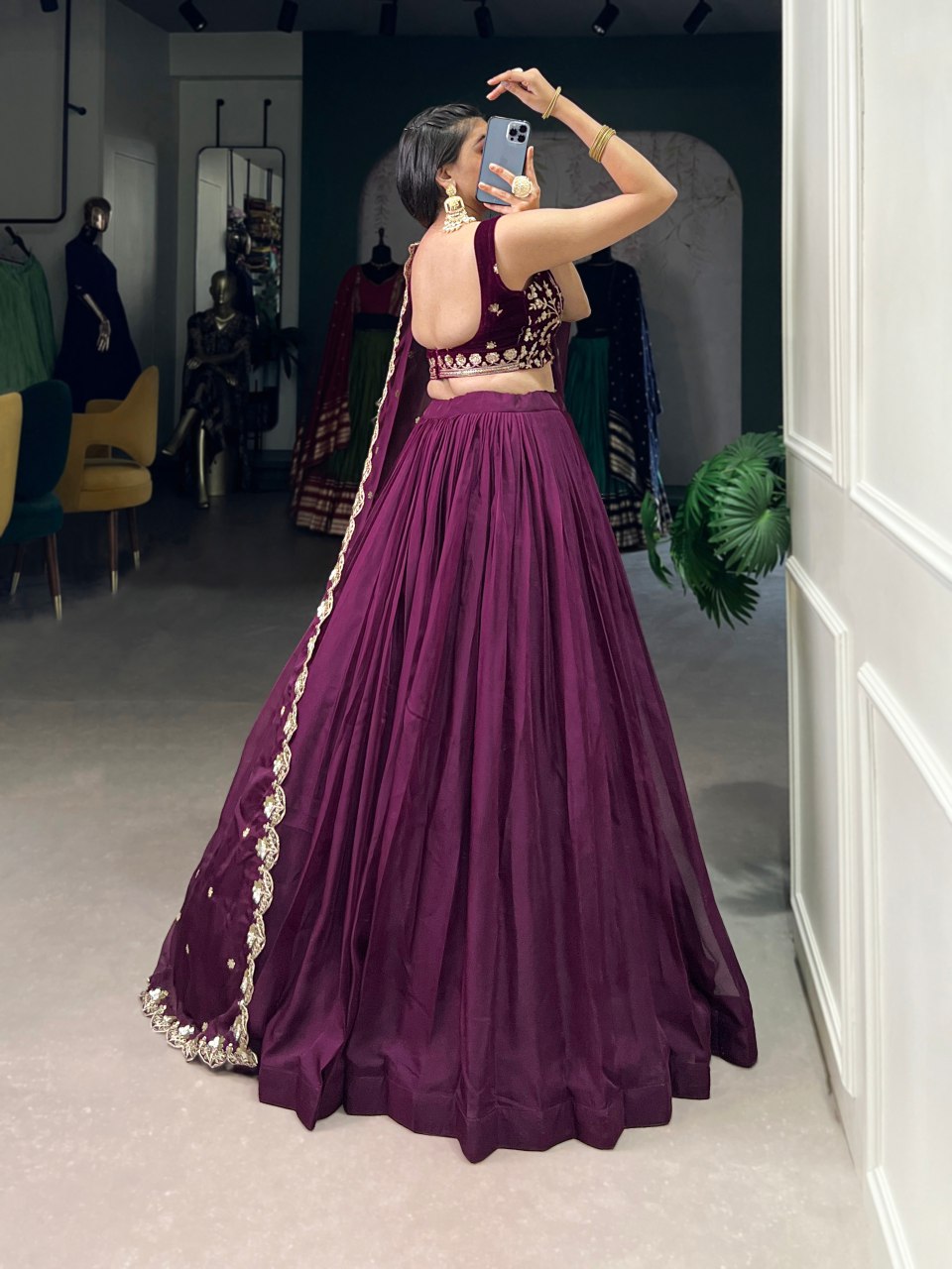 Purple organza silk lehenga with velvet embroidered blouse and dupatta
