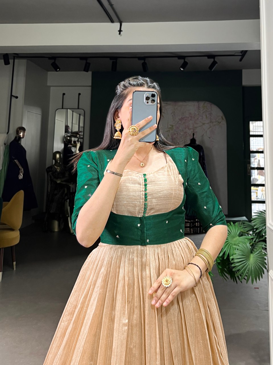 Beige Silk Printed Gown with Embroidered Banglory Koti