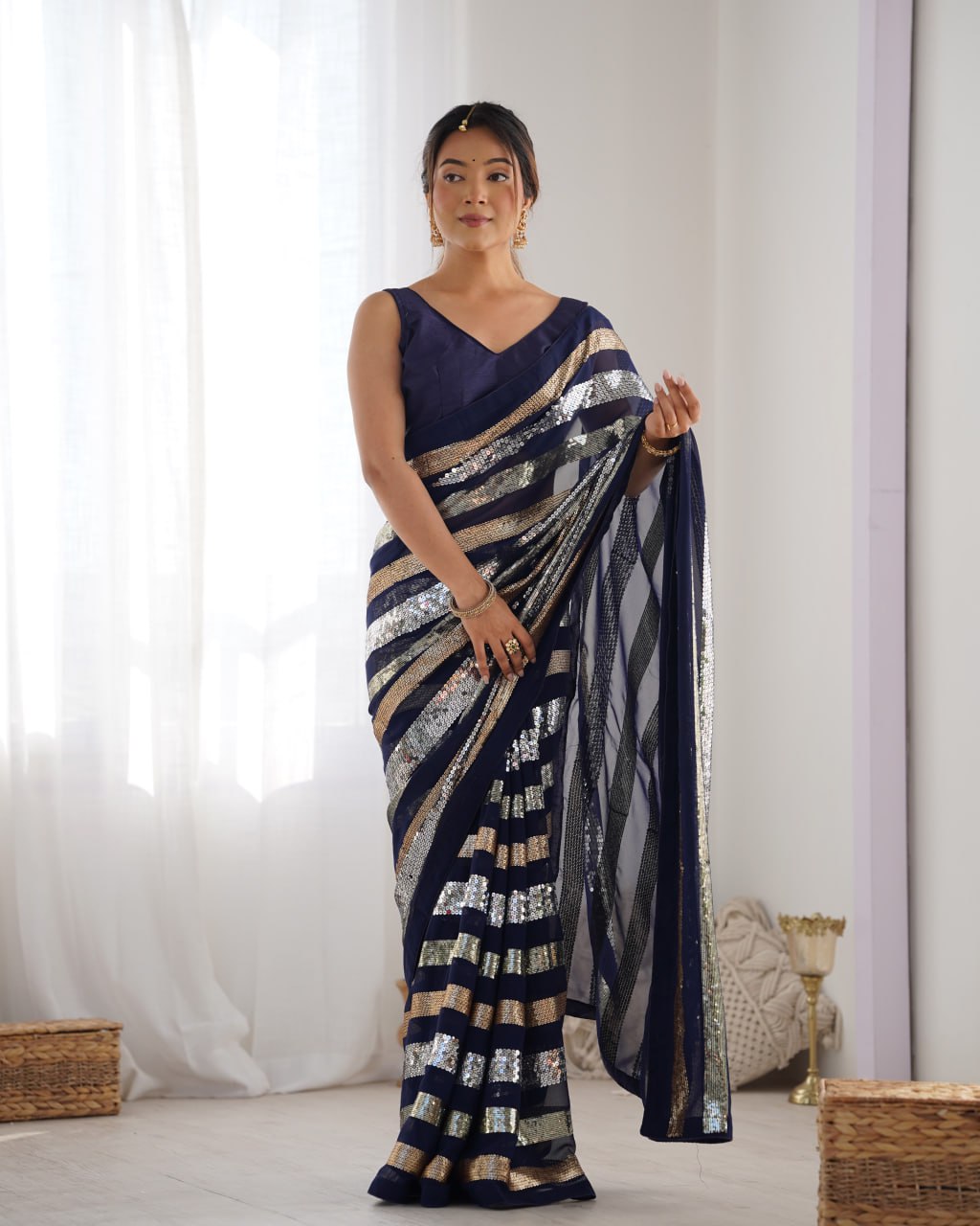 Kira Deep Blue Sequin Embroidery Georgette Saree