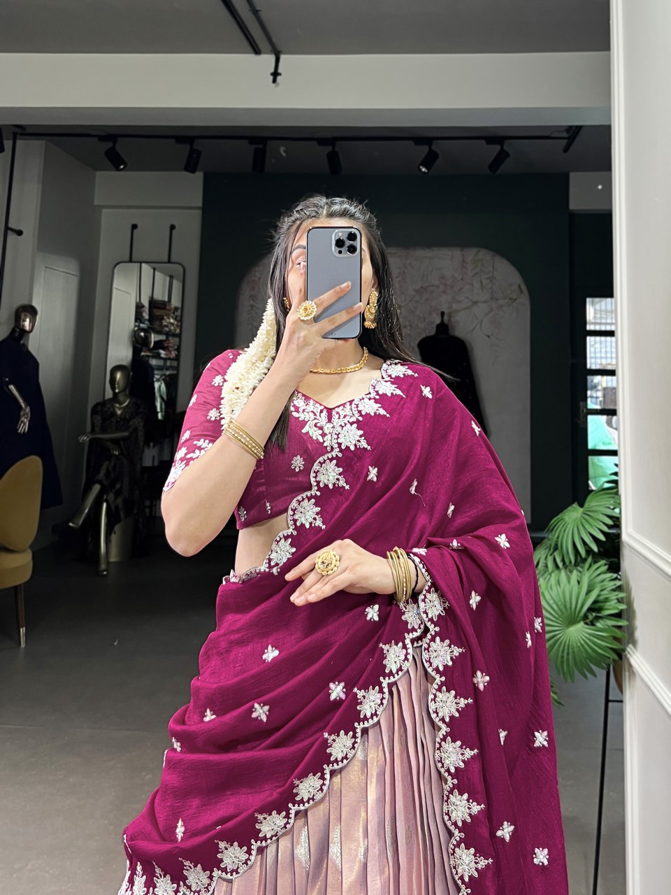 Pink Zari Kota Lehenga with Zari Weaving Embroidered Vichitra Silk Dupatta