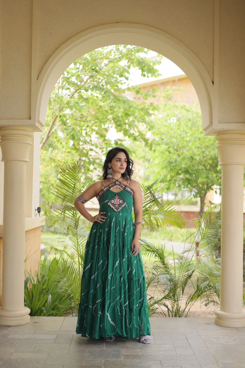 Bhavna Green Faux Georgette Laheriya Kutchi Patchework Gown
