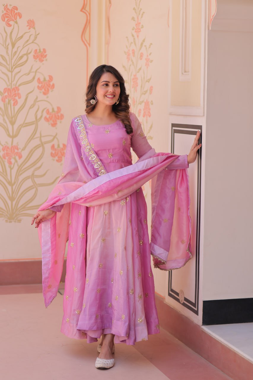 Pink Organza Flair Sequins Zari Embroidery Gown with Dupatta