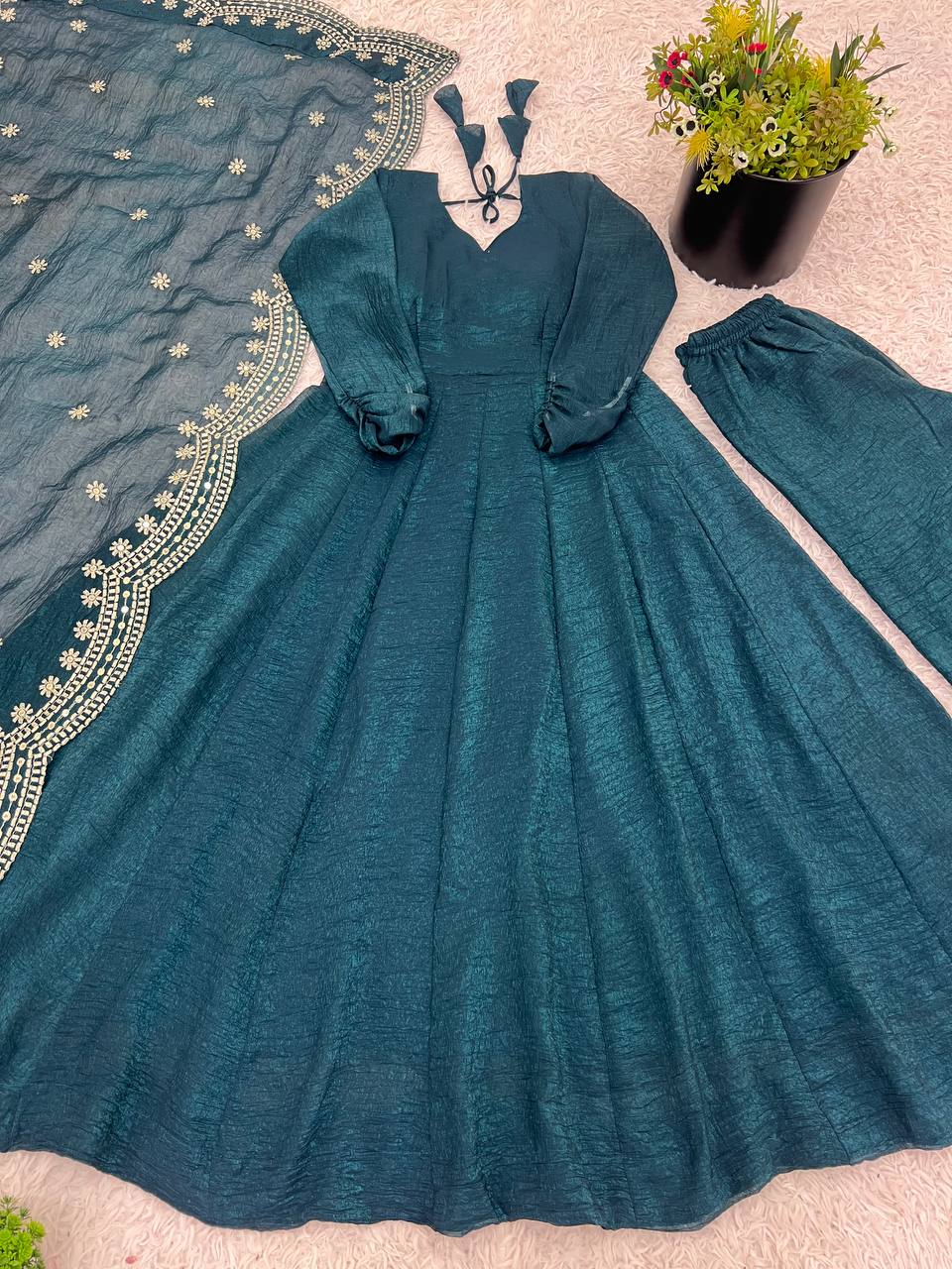 Tiya Fandy Silk Green Anarkali Suit