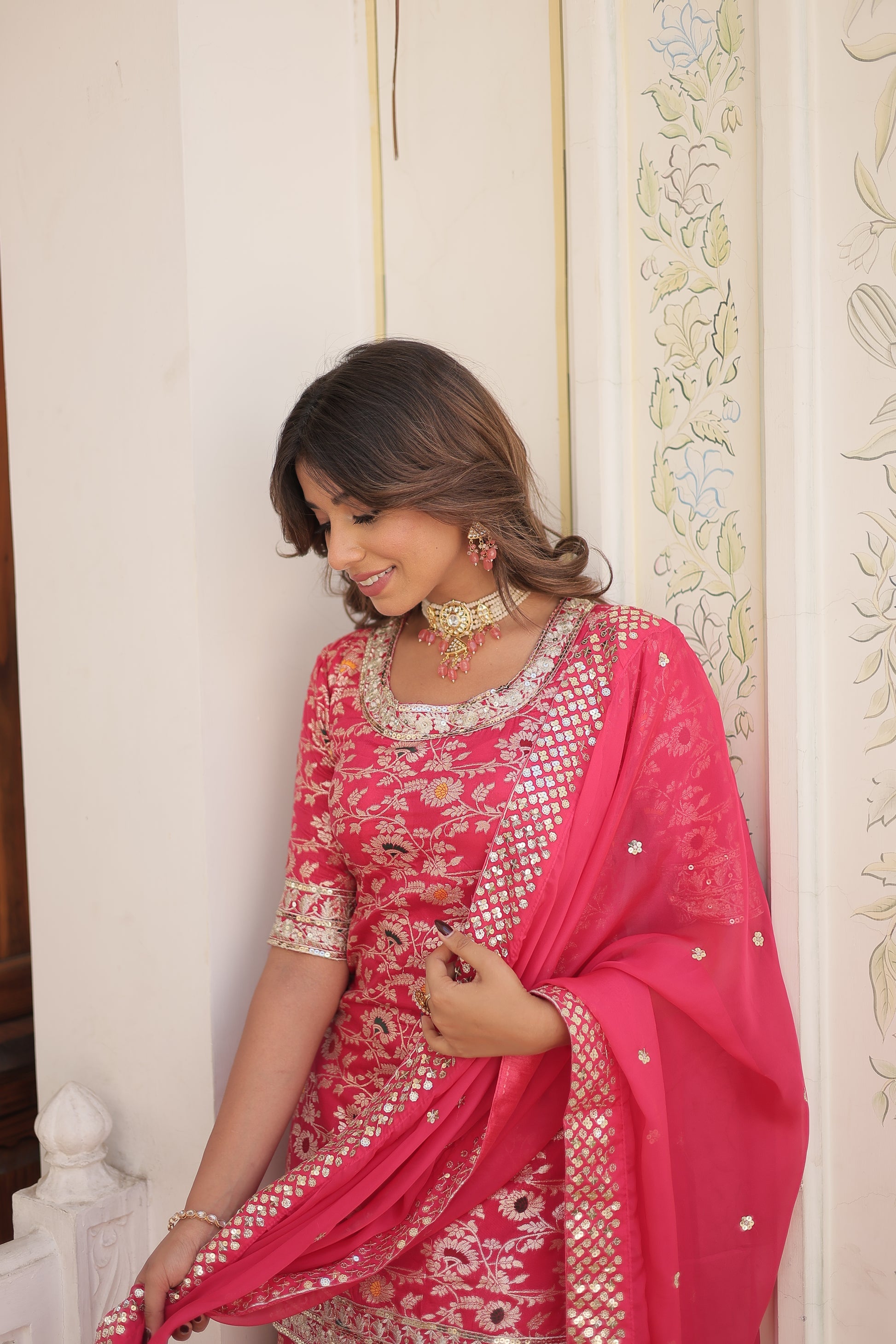 Krishnapriya Rani Pink Viscose Embroidered Kurti Gharara Set