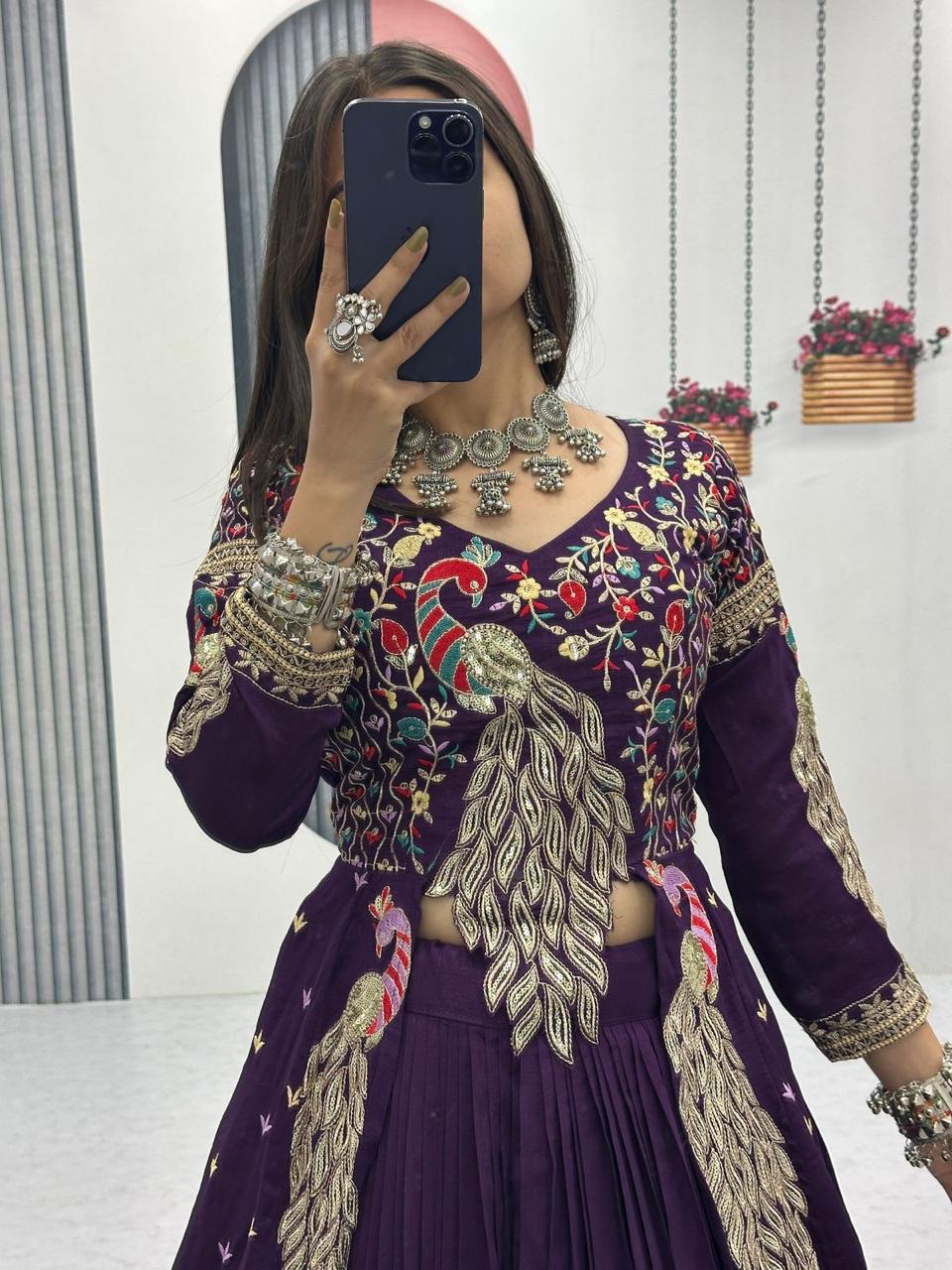 Mani purple Vichitra silk crop top peacock design lehenga with embroidered shrug