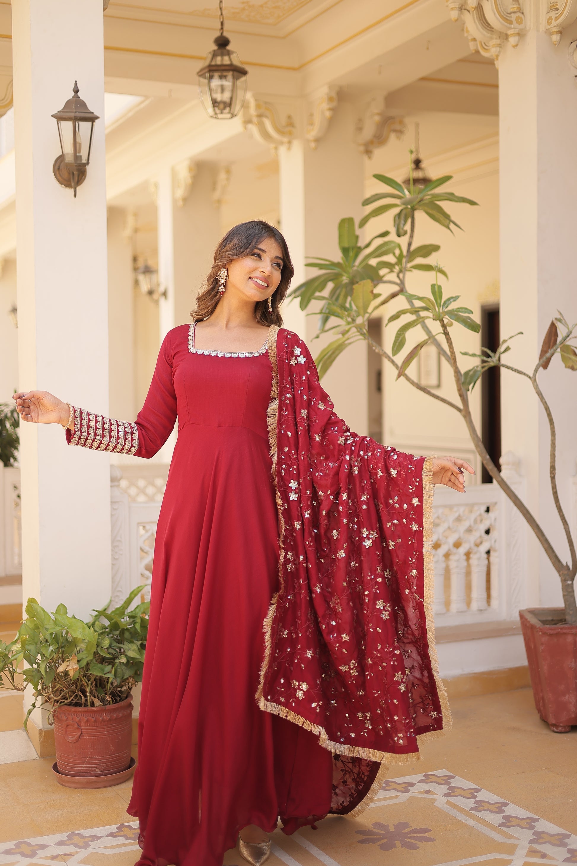 Aparajita Maroon Vichitra Silk Anarkali Gown Set