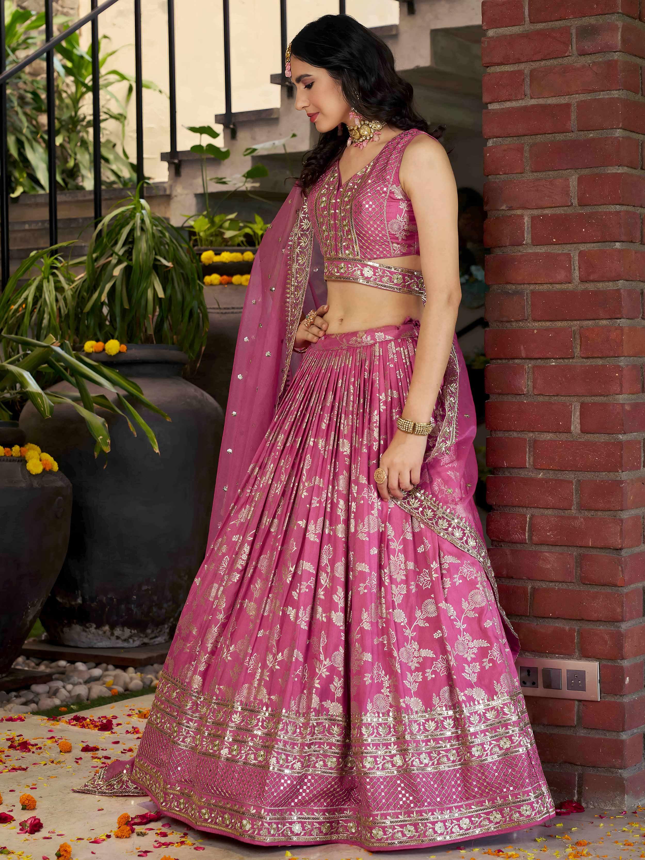 Rose pink Dola silk jacquard embroidered lehenga choli with dupatta