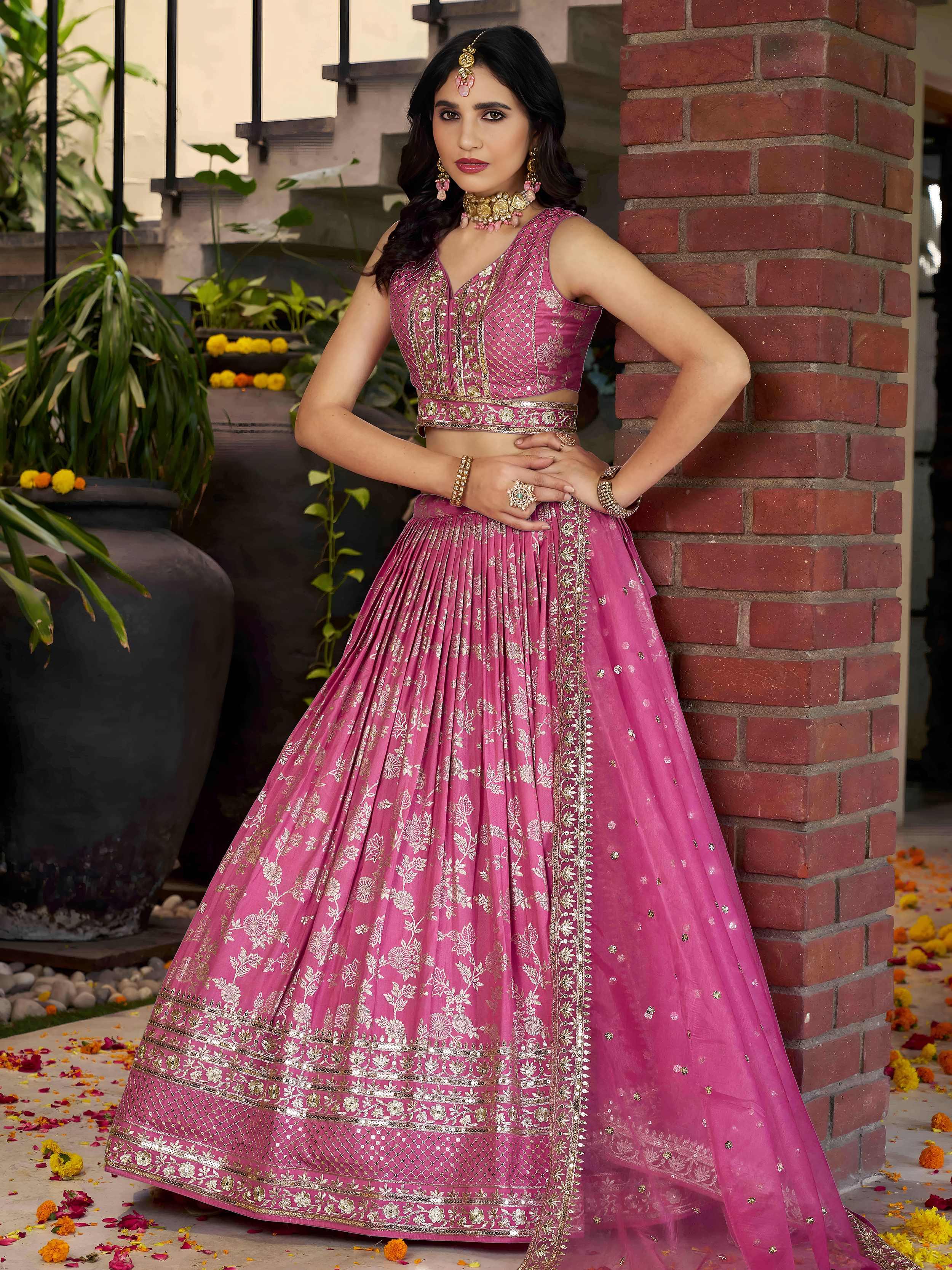 Rose pink Dola silk jacquard embroidered lehenga choli with dupatta
