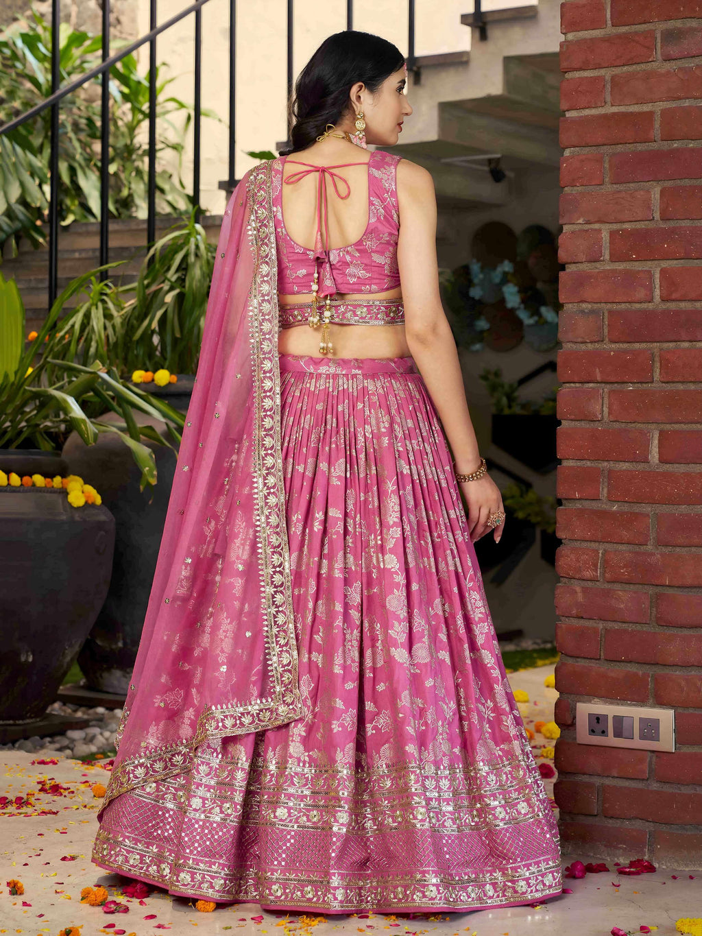 Rose pink Dola silk jacquard embroidered lehenga choli with dupatta