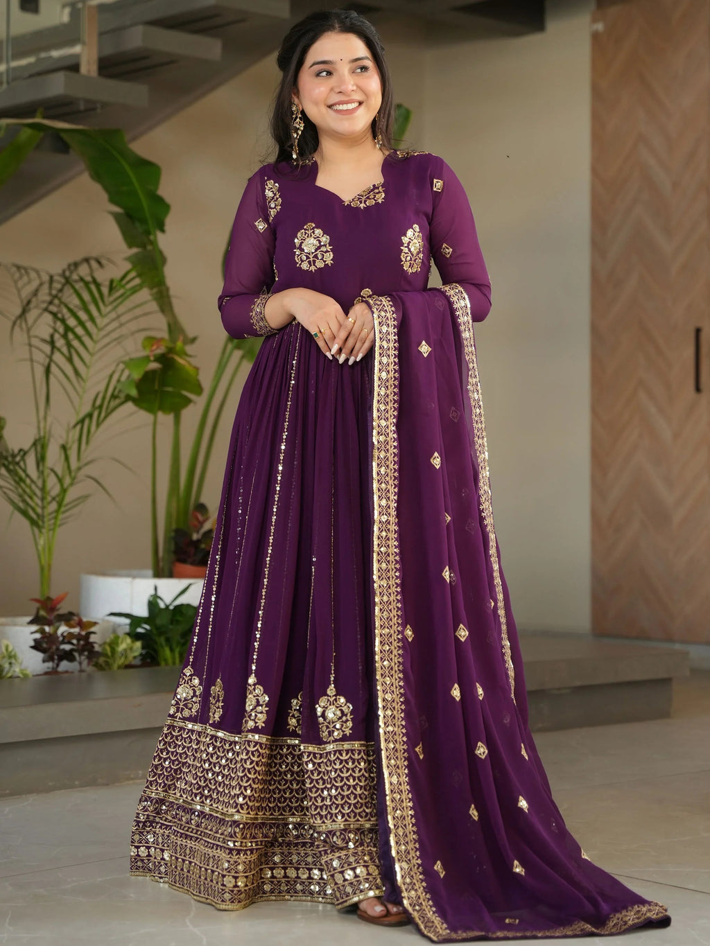 Royal Purple Georgette Zari and Sequins Embroidered Gown with Dupatta