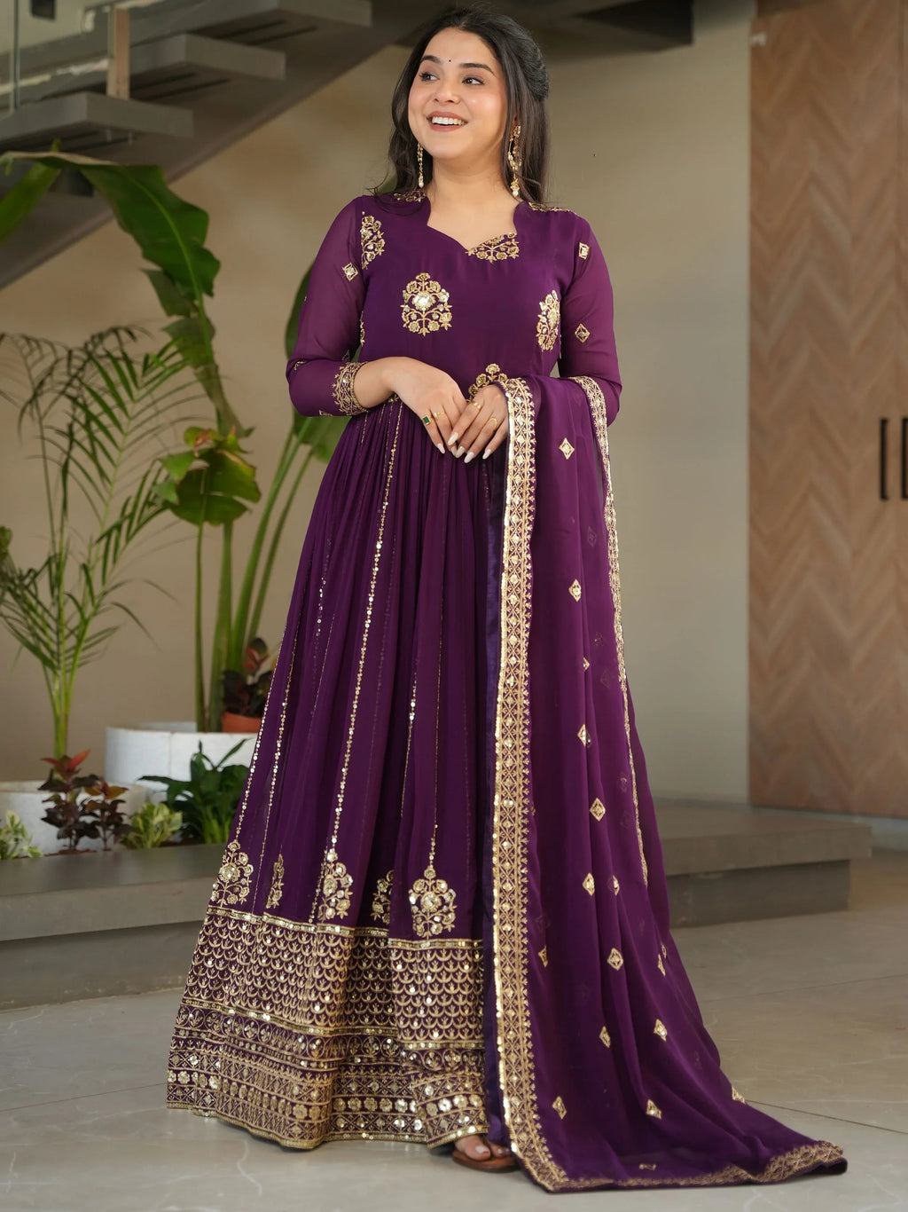 Royal Purple Georgette Zari and Sequins Embroidered Gown with Dupatta