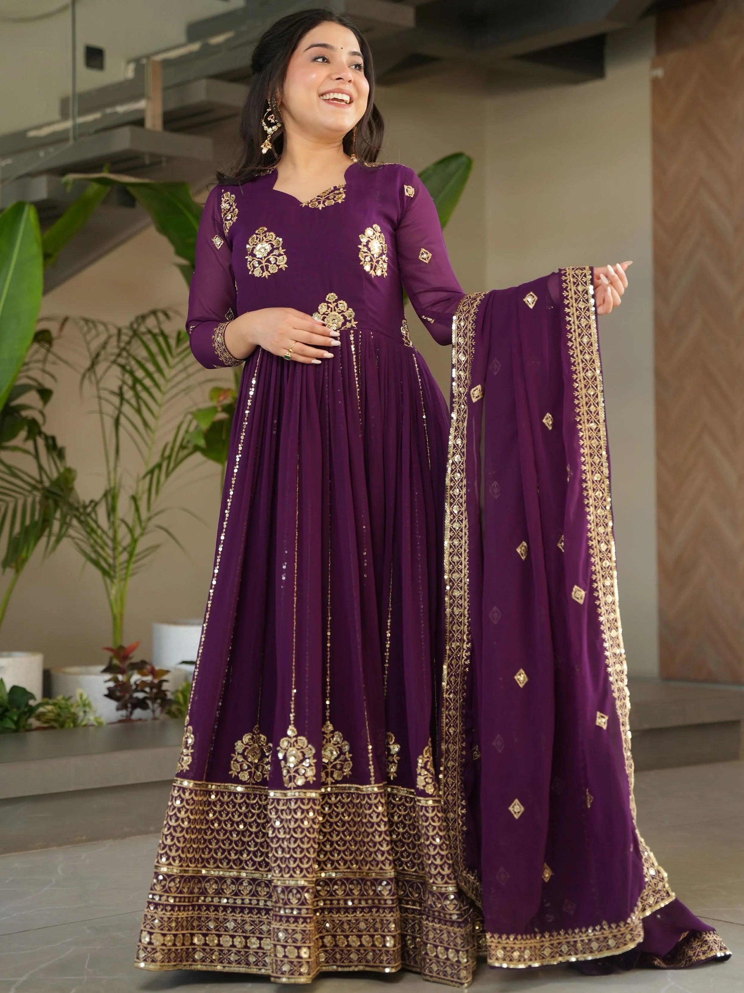 Royal Purple Georgette Zari and Sequins Embroidered Gown with Dupatta