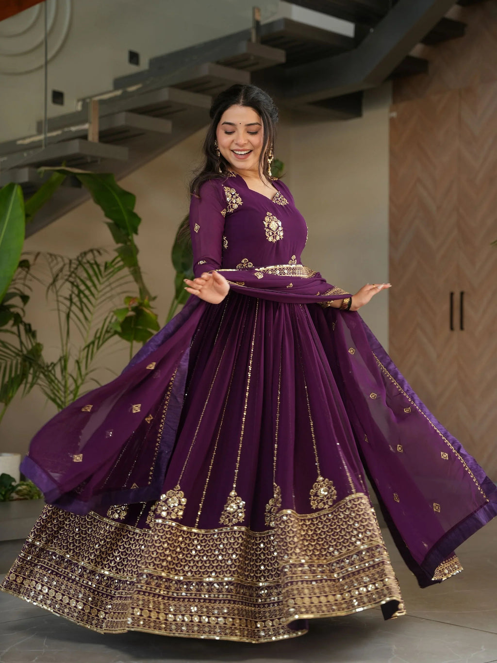 Royal Purple Georgette Zari and Sequins Embroidered Gown with Dupatta