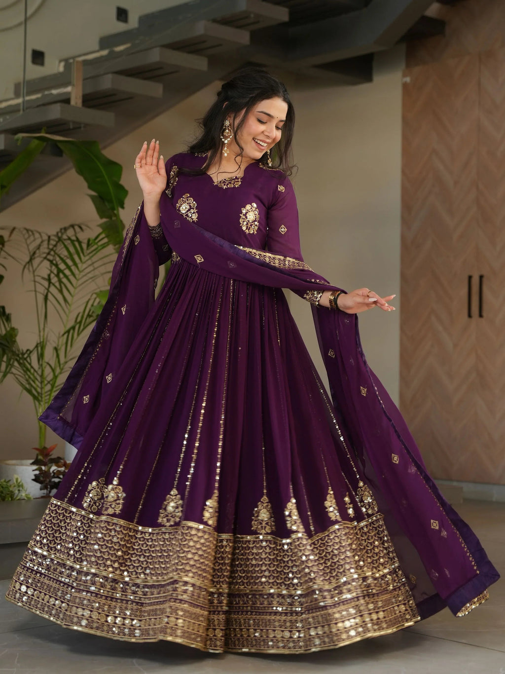 Royal Purple Georgette Zari and Sequins Embroidered Gown with Dupatta