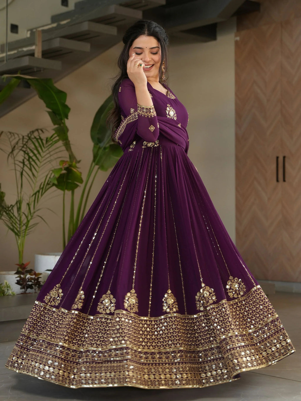 Royal Purple Georgette Zari and Sequins Embroidered Gown with Dupatta