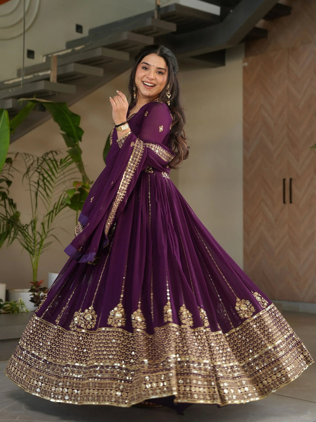 Royal Purple Georgette Zari and Sequins Embroidered Gown with Dupatta