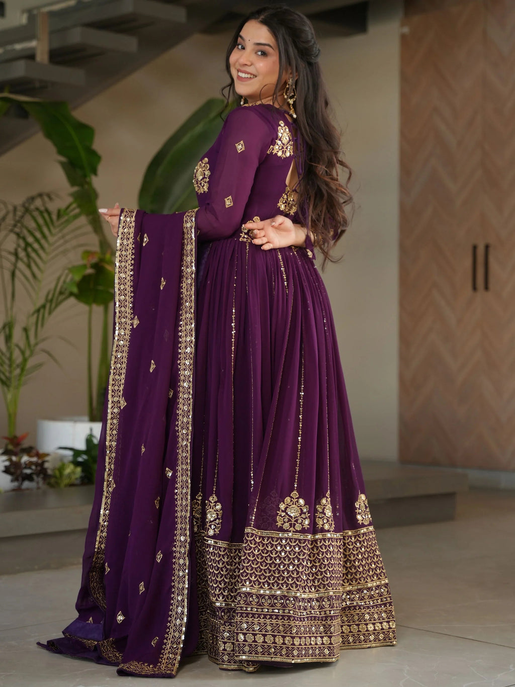 Royal Purple Georgette Zari and Sequins Embroidered Gown with Dupatta