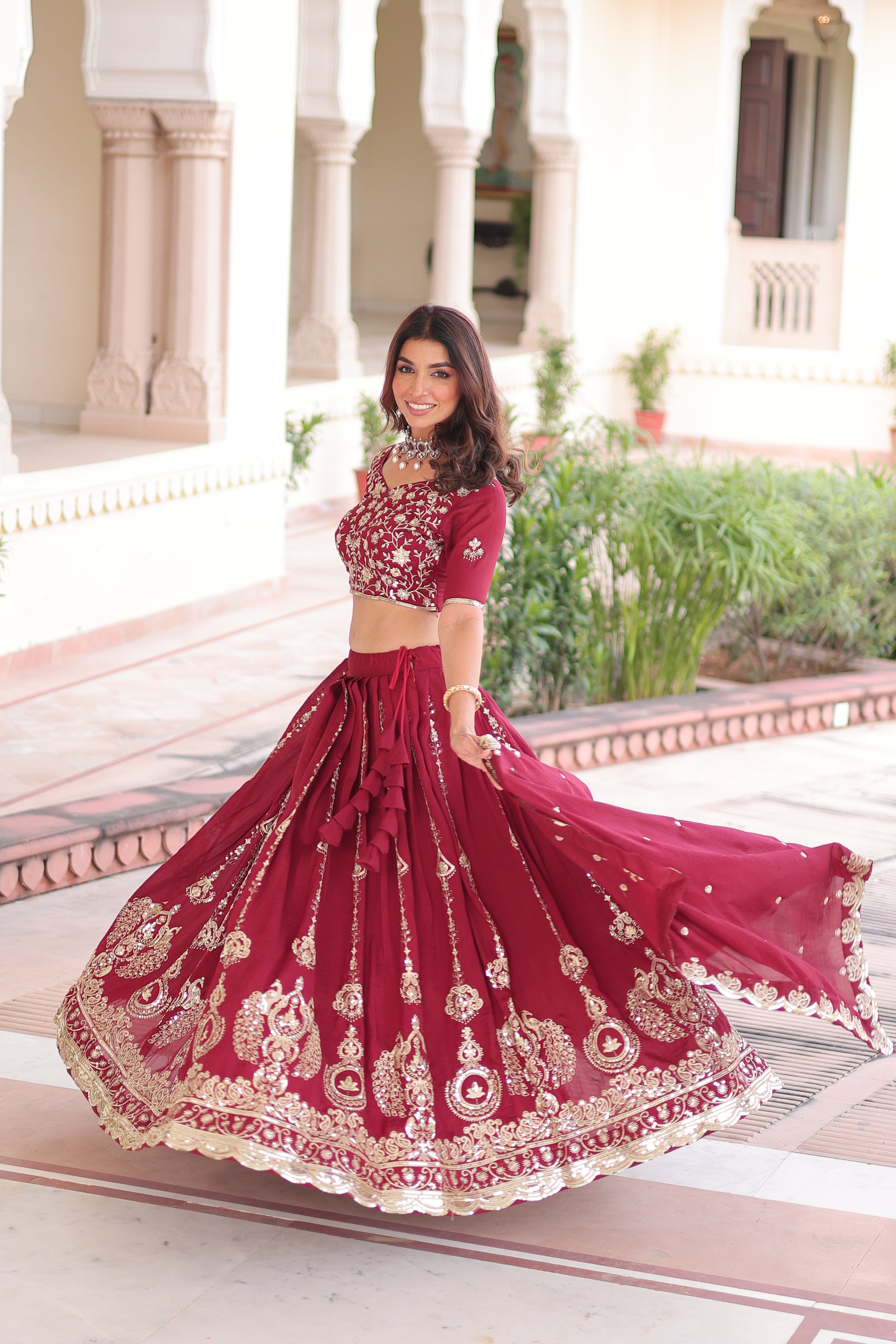 Rumi Maroon Color Vichitra Silk Heavy Sequins Thread Embroidery Lehenga Choli