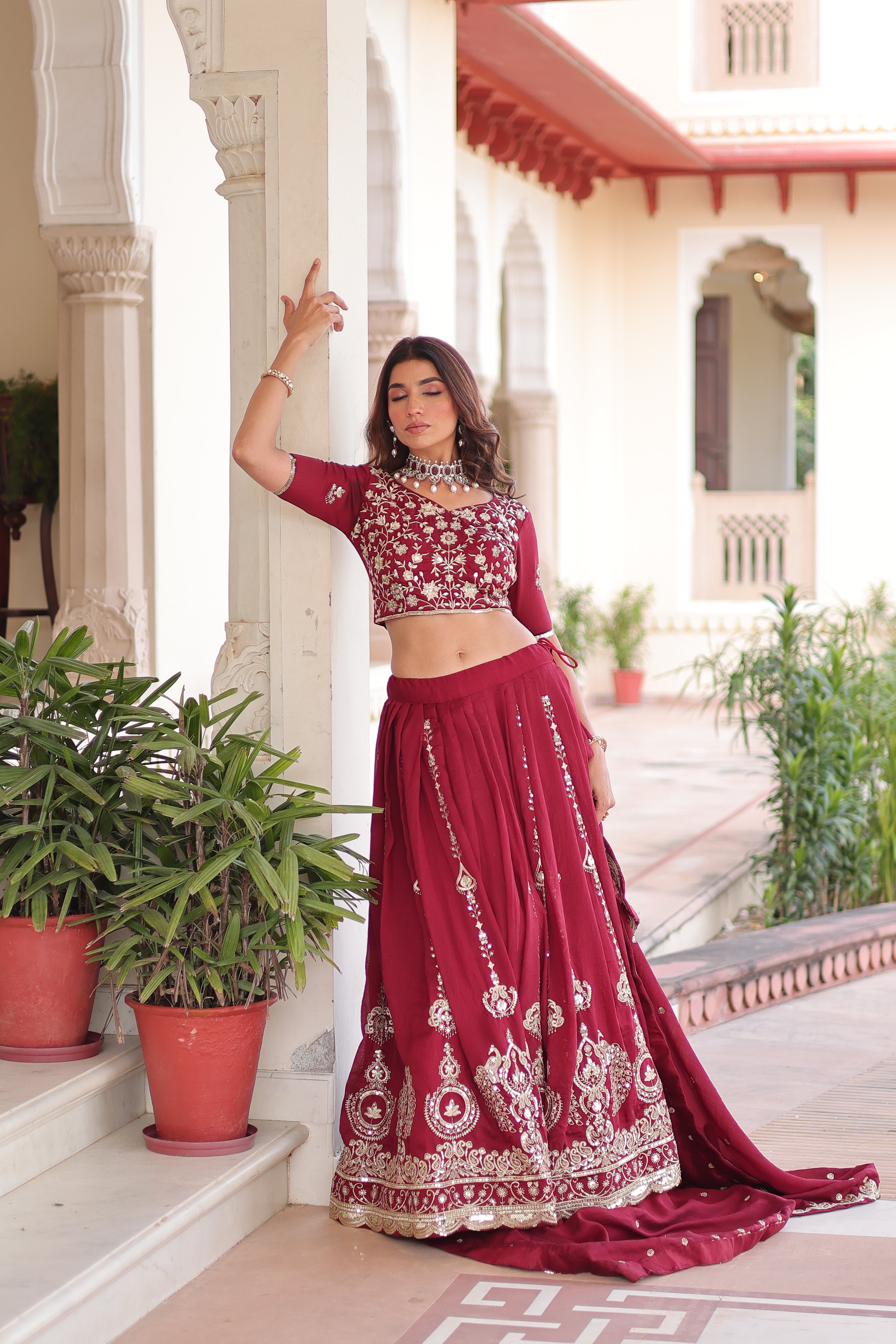 Rumi Maroon Color Vichitra Silk Heavy Sequins Thread Embroidery Lehenga Choli