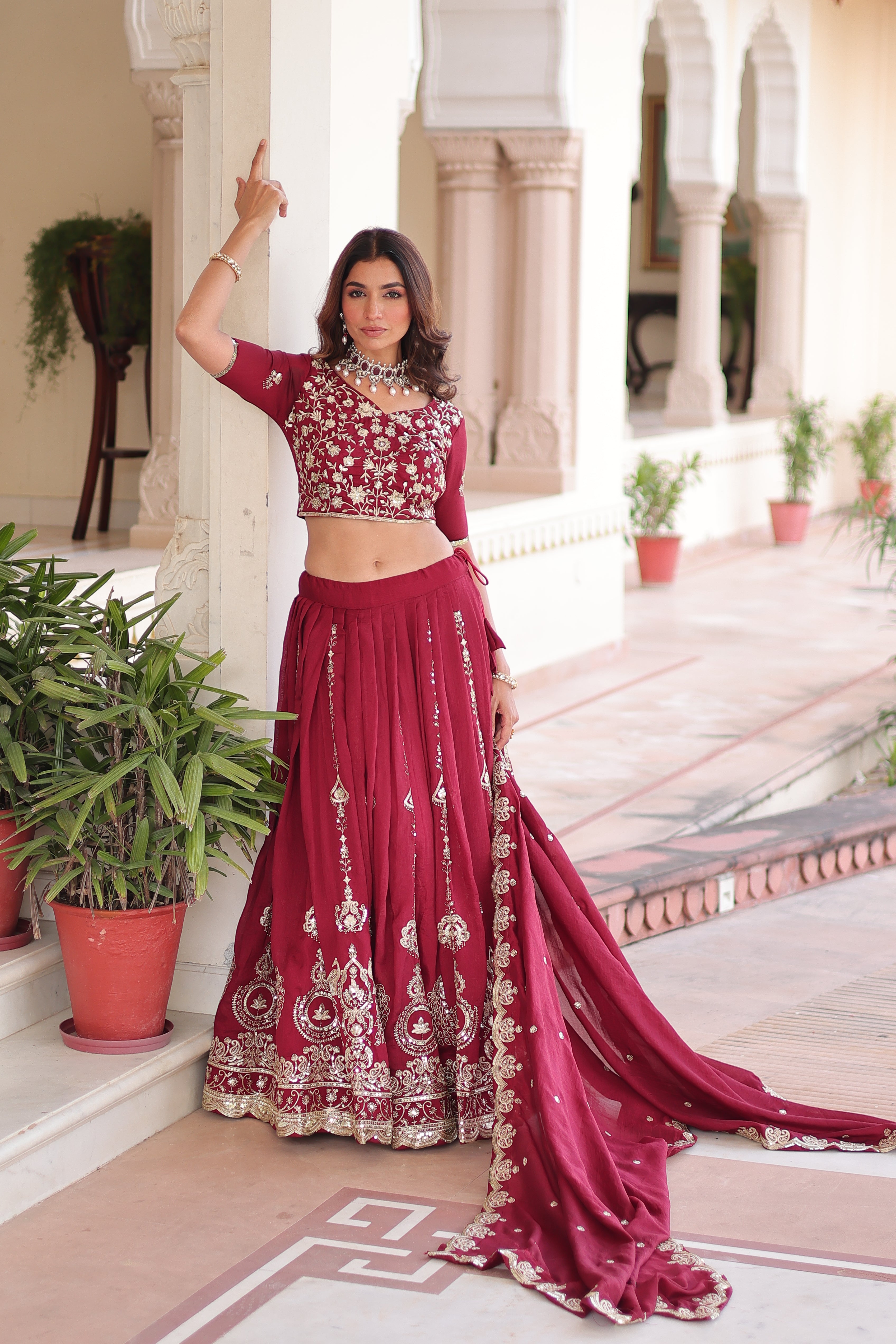 Rumi Maroon Color Vichitra Silk Heavy Sequins Thread Embroidery Lehenga Choli