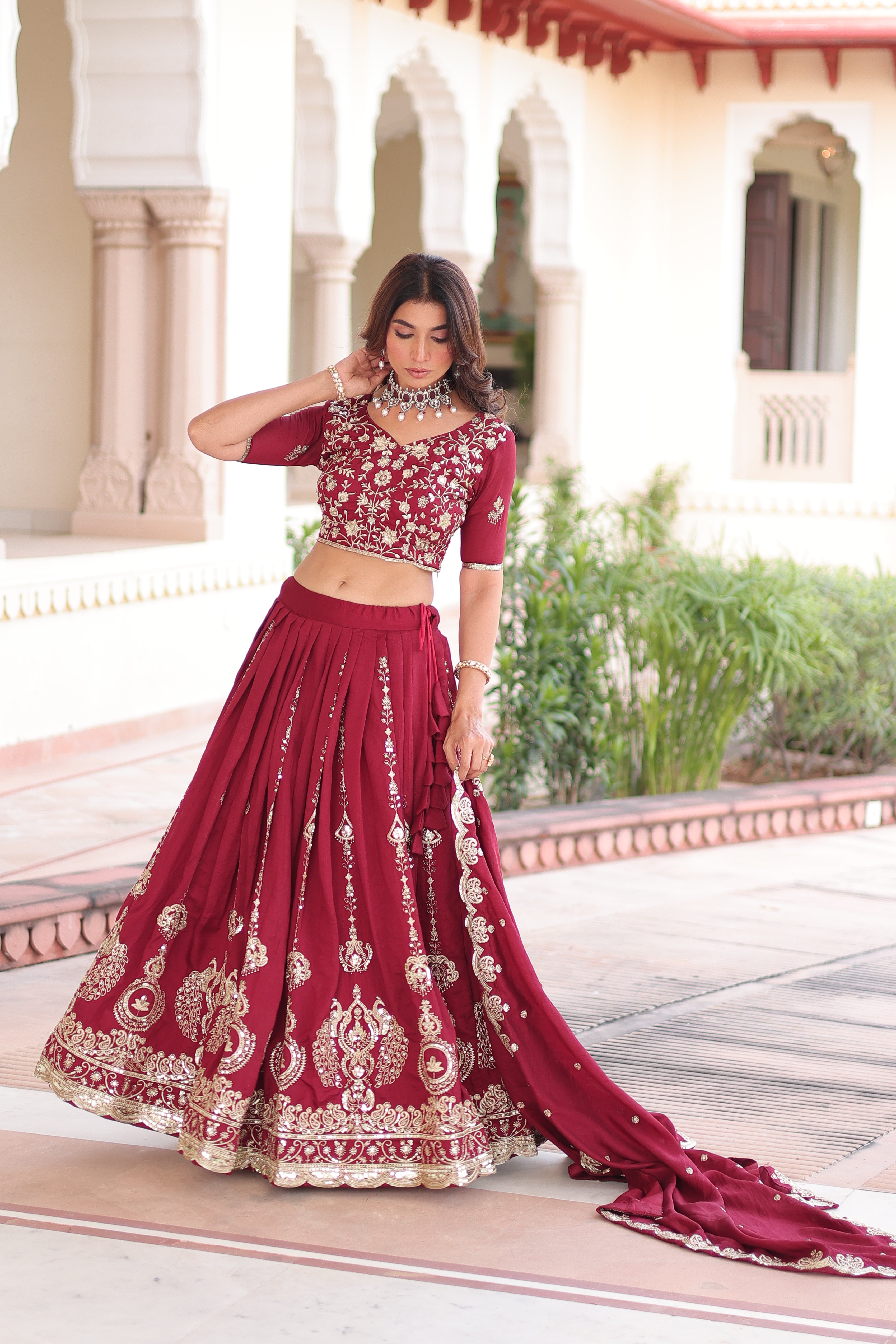 Rumi Maroon Color Vichitra Silk Heavy Sequins Thread Embroidery Lehenga Choli