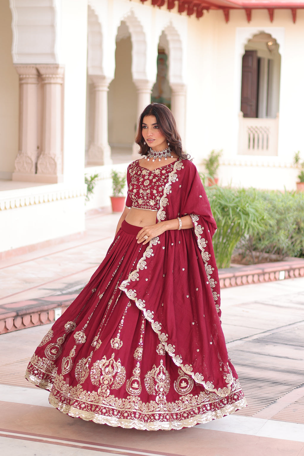 Rumi Maroon Color Vichitra Silk Heavy Sequins Thread Embroidery Lehenga Choli