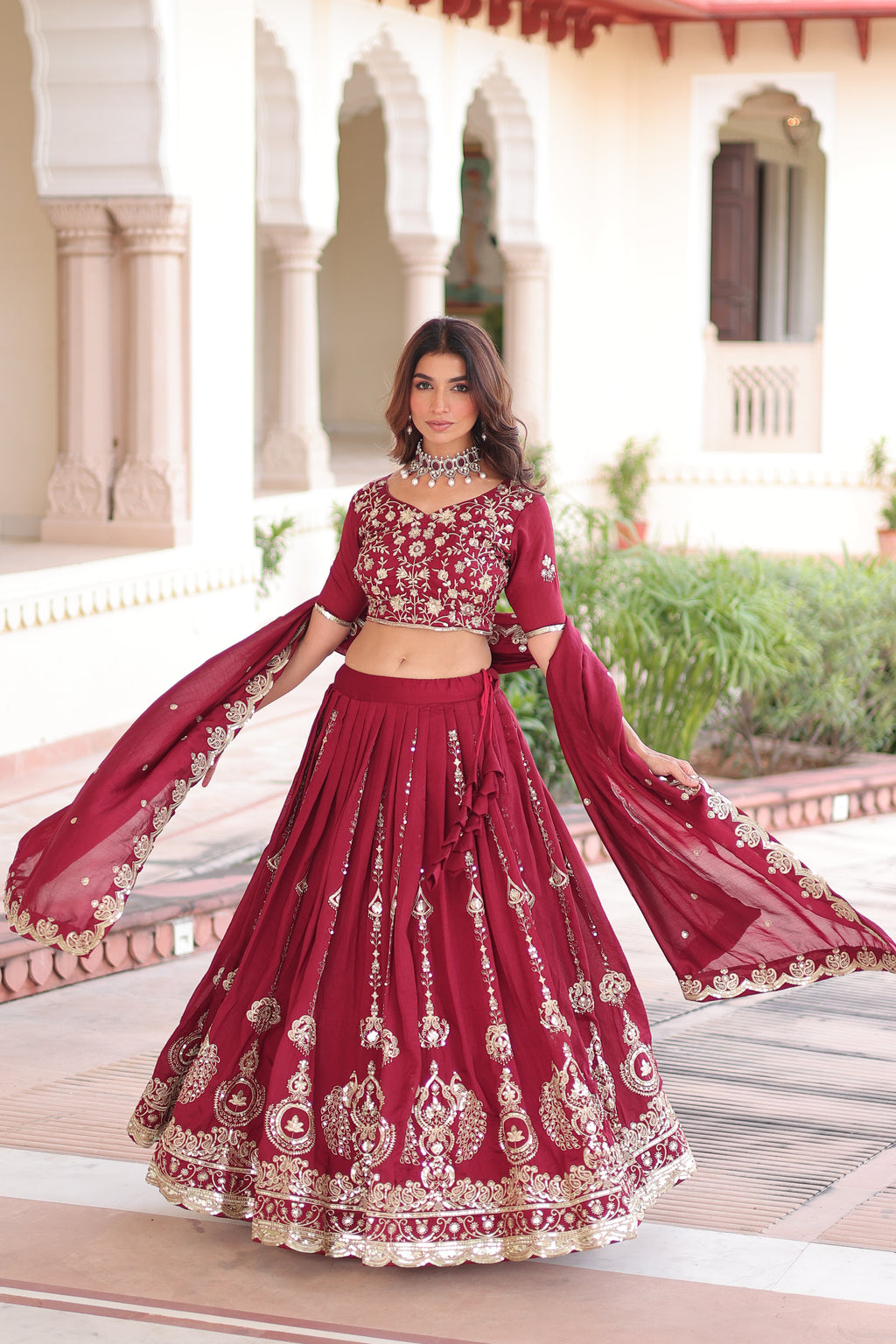 Rumi Maroon Color Vichitra Silk Heavy Sequins Thread Embroidery Lehenga Choli