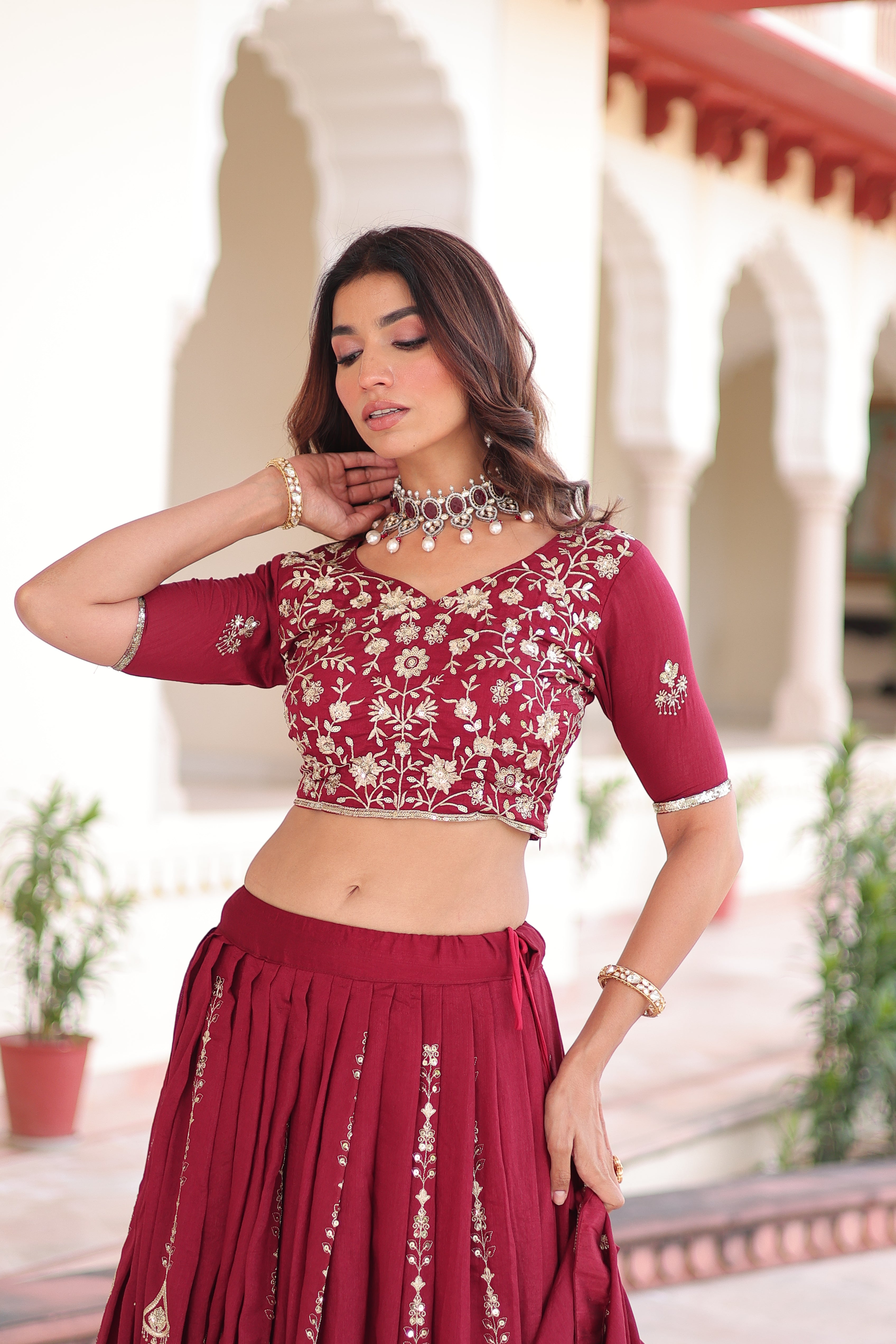 Rumi Maroon Color Vichitra Silk Heavy Sequins Thread Embroidery Lehenga Choli