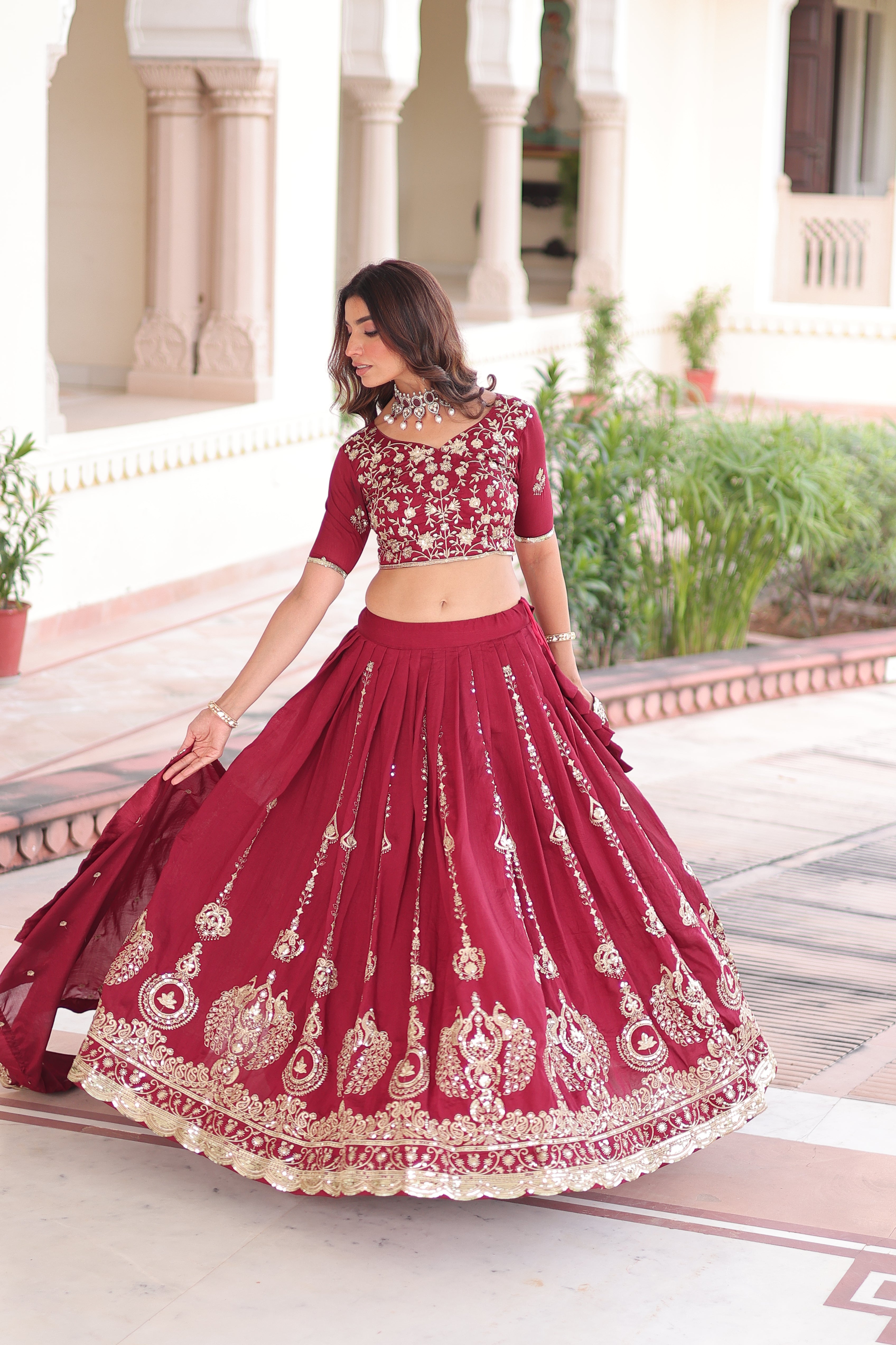 Rumi Maroon Color Vichitra Silk Heavy Sequins Thread Embroidery Lehenga Choli
