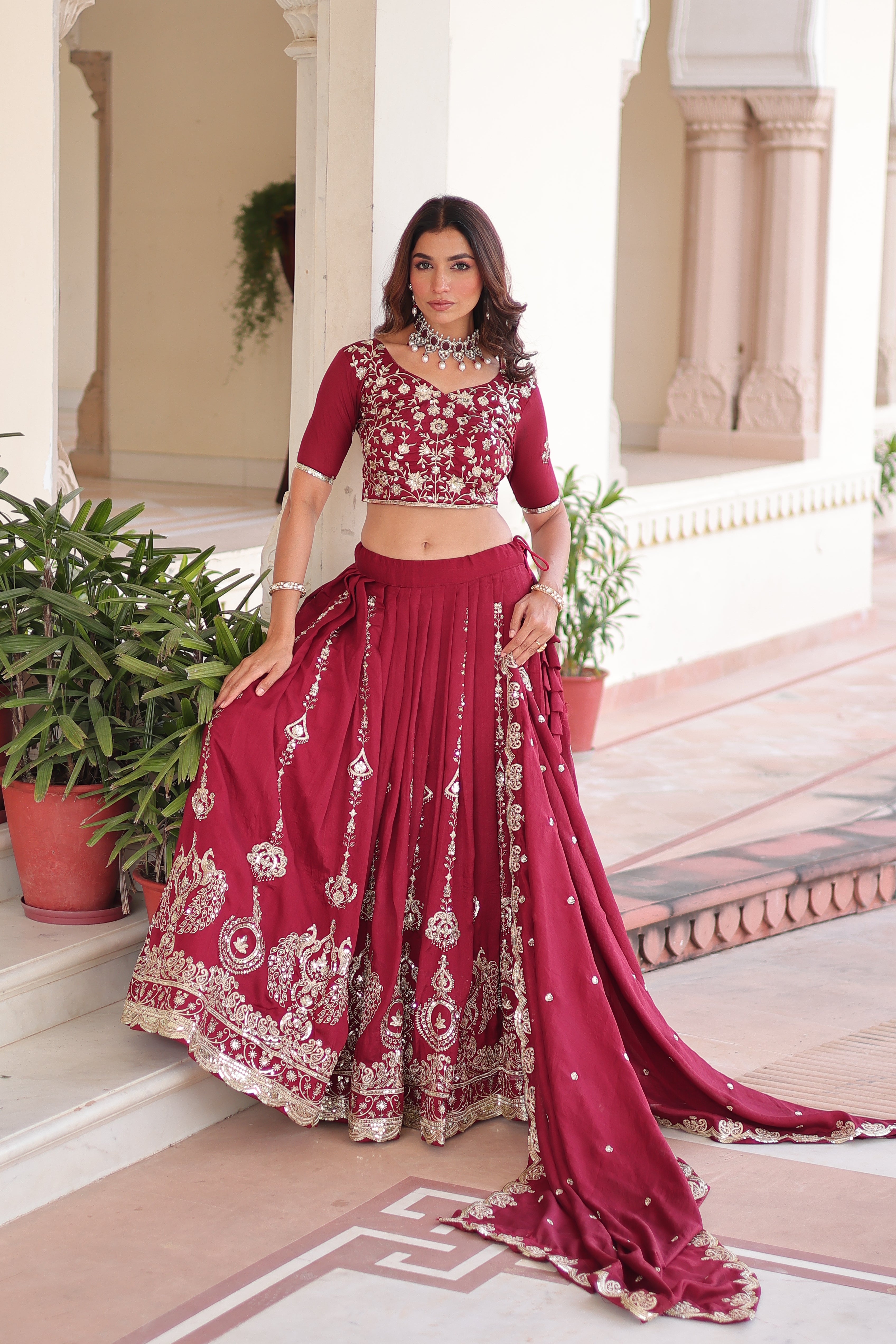 Rumi Maroon Color Vichitra Silk Heavy Sequins Thread Embroidery Lehenga Choli