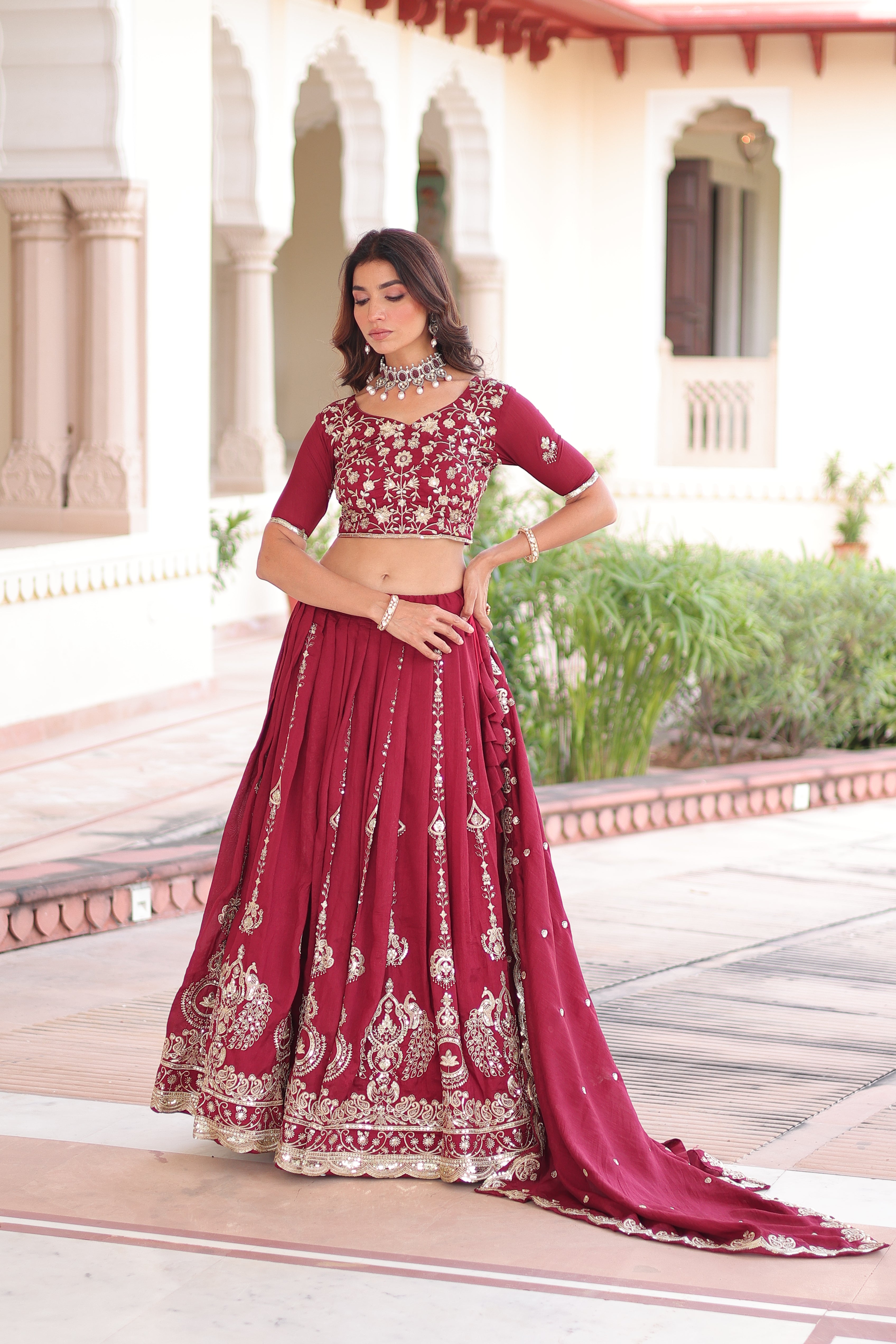 Rumi Maroon Color Vichitra Silk Heavy Sequins Thread Embroidery Lehenga Choli