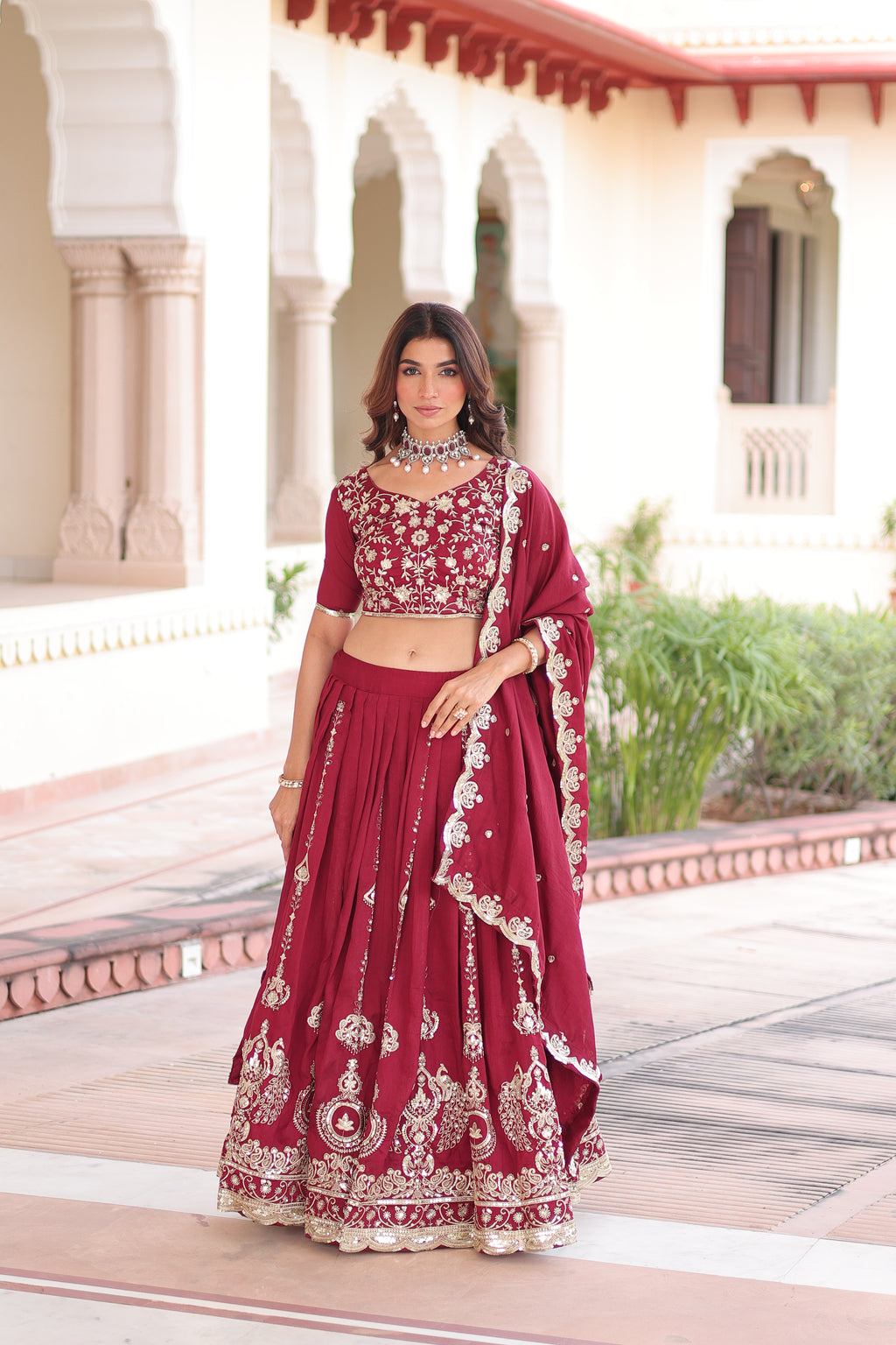 Rumi Maroon Color Vichitra Silk Heavy Sequins Thread Embroidery Lehenga Choli