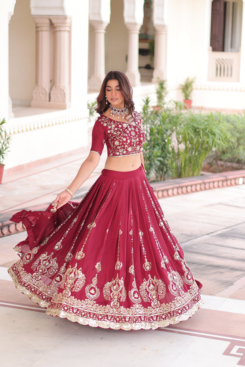 Rumi Maroon Color Vichitra Silk Heavy Sequins Thread Embroidery Lehenga Choli