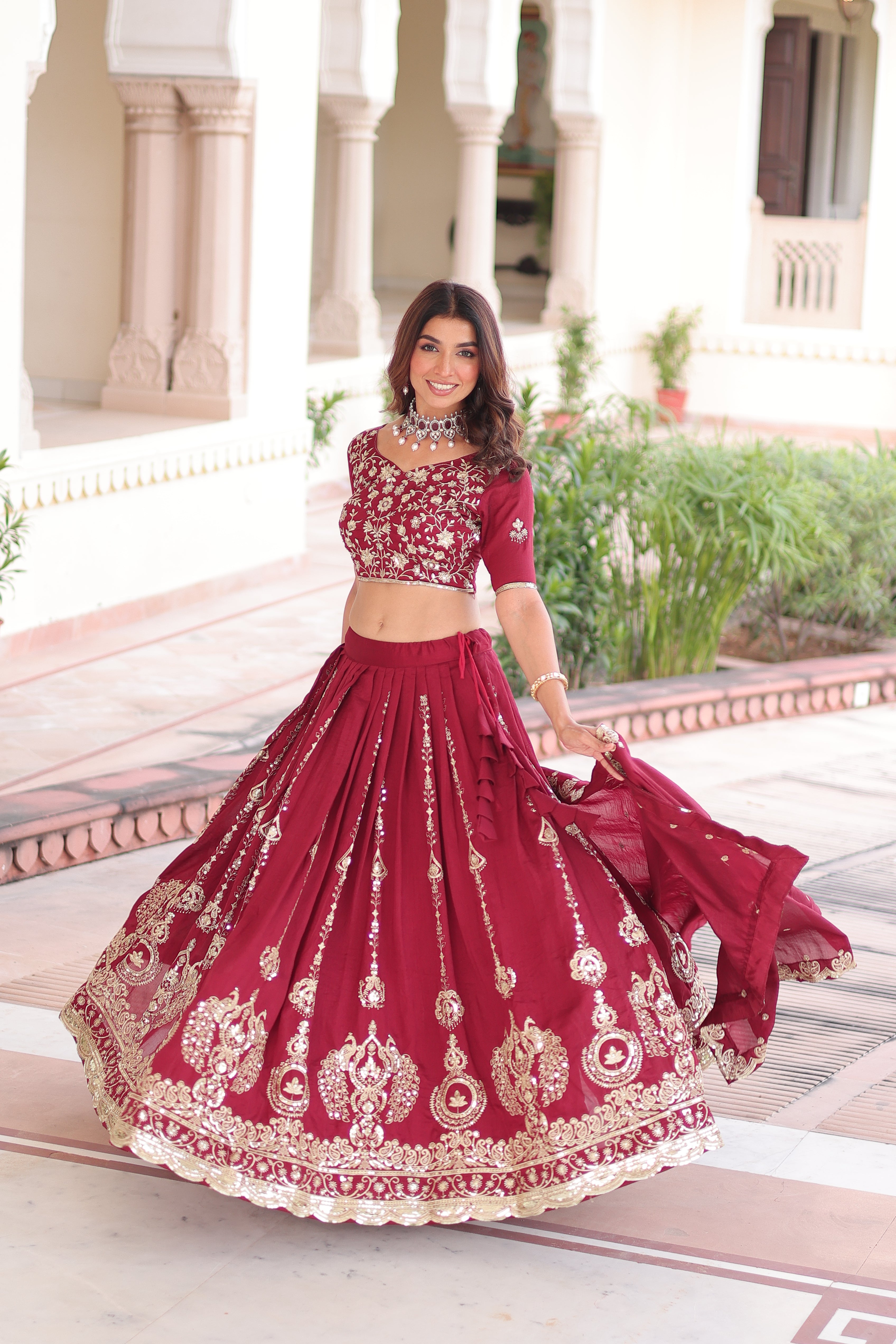 Rumi Maroon Color Vichitra Silk Heavy Sequins Thread Embroidery Lehenga Choli