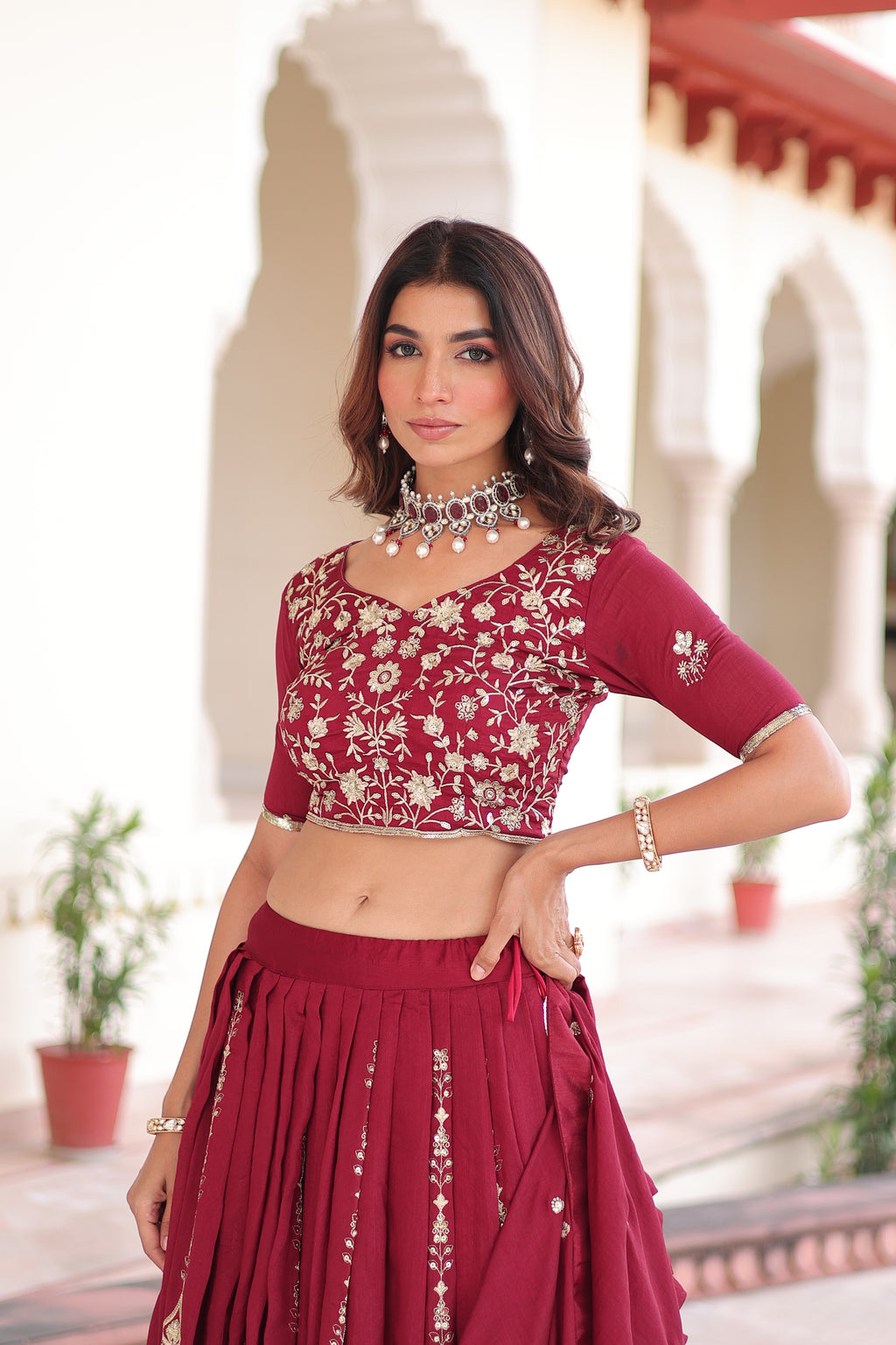 Rumi Maroon Color Vichitra Silk Heavy Sequins Thread Embroidery Lehenga Choli