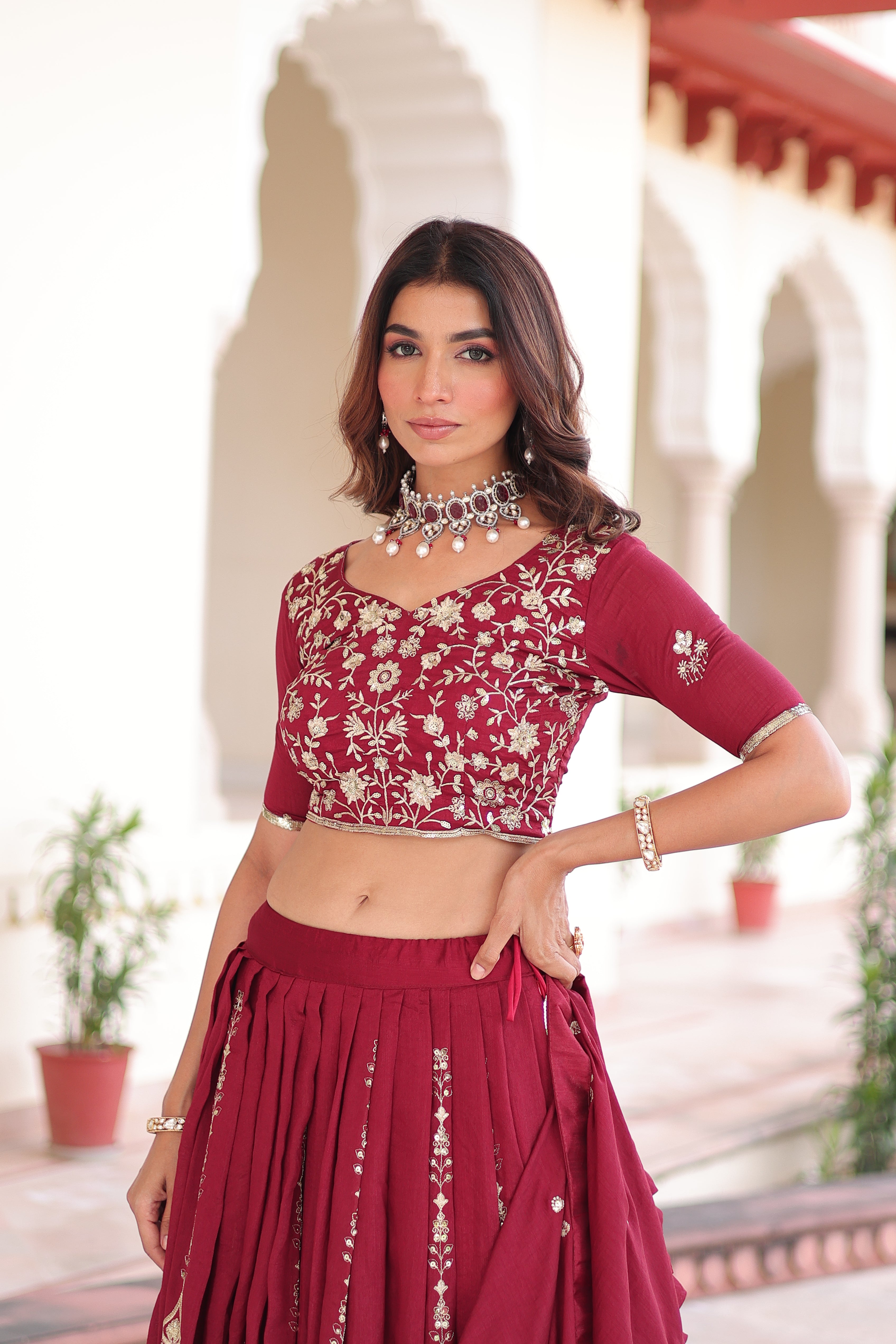 Rumi Maroon Color Vichitra Silk Heavy Sequins Thread Embroidery Lehenga Choli