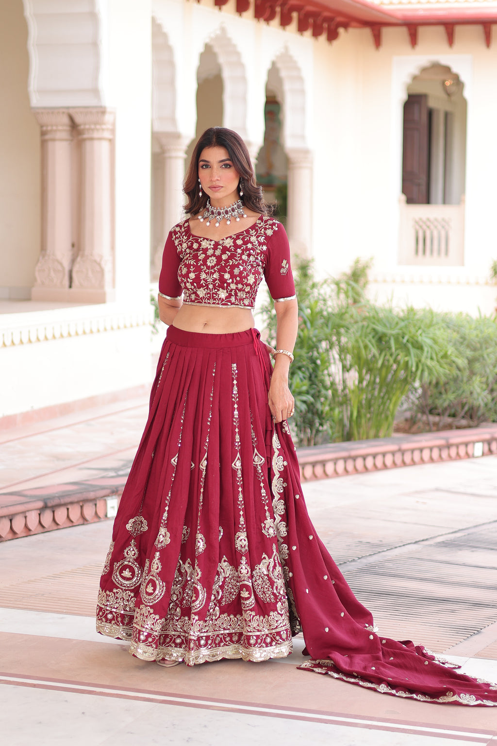 Rumi Maroon Color Vichitra Silk Heavy Sequins Thread Embroidery Lehenga Choli