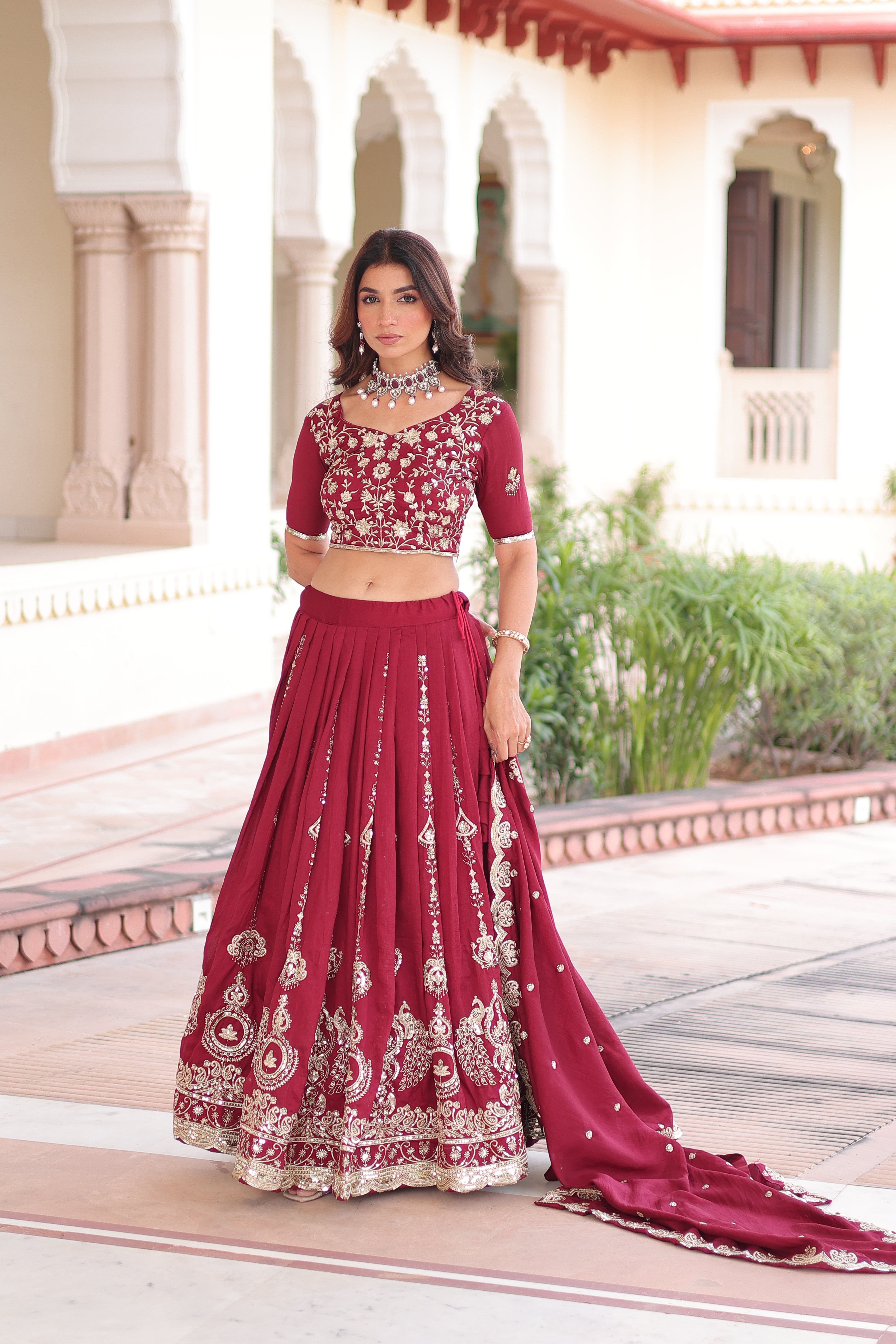 Rumi Maroon Color Vichitra Silk Heavy Sequins Thread Embroidery Lehenga Choli